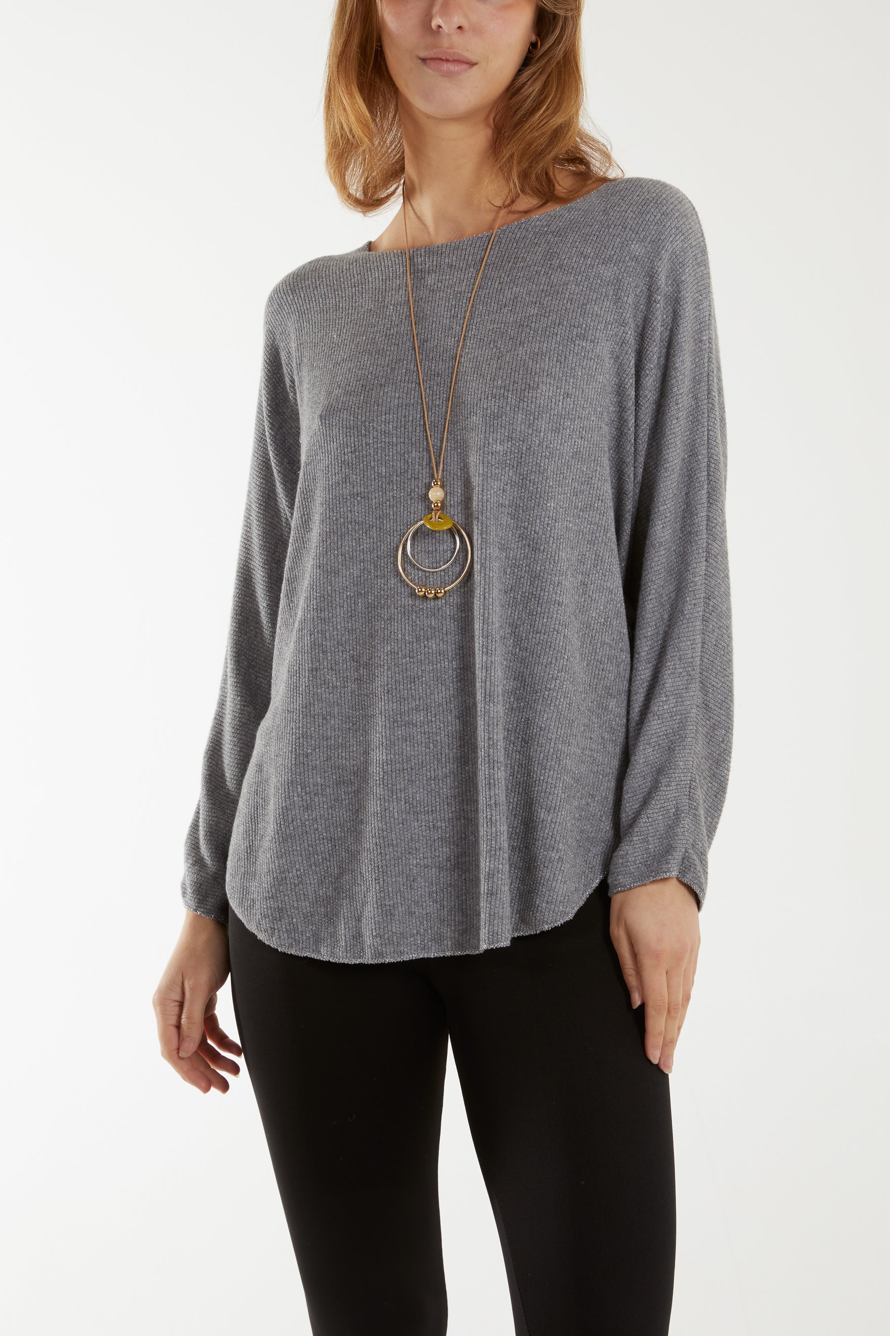 Waffle Fine Knit Batwing Necklace Jumper Jumpers WearAll Grey One Size