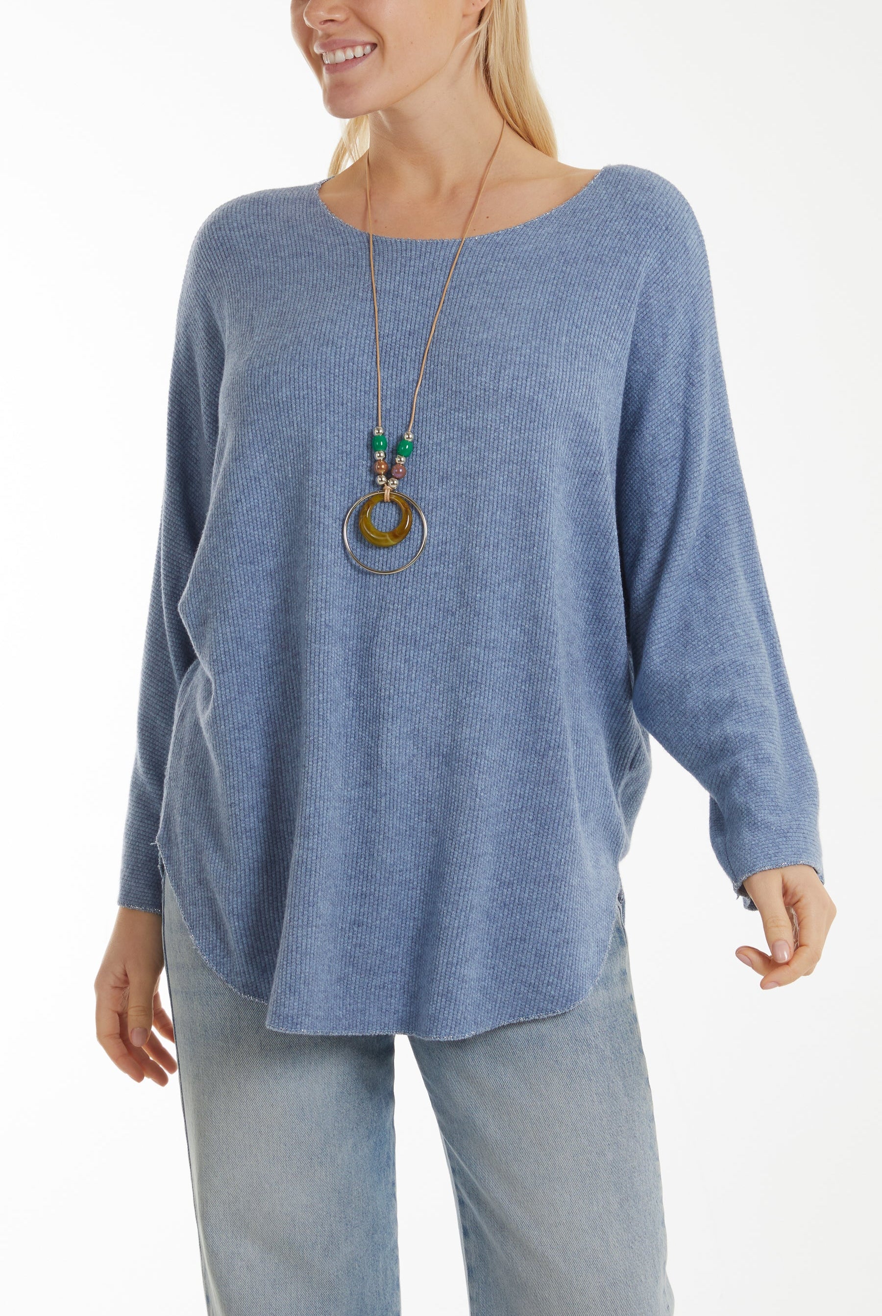 Waffle Fine Knit Batwing Necklace Jumper Jumpers WearAll Light Blue One Size