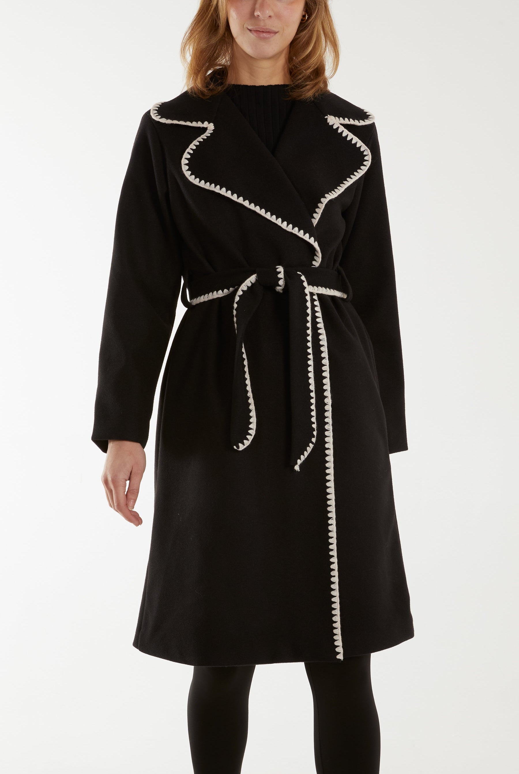 Blanket Stitch Hem Tied Waist Coat Coats WearAll Black One Size