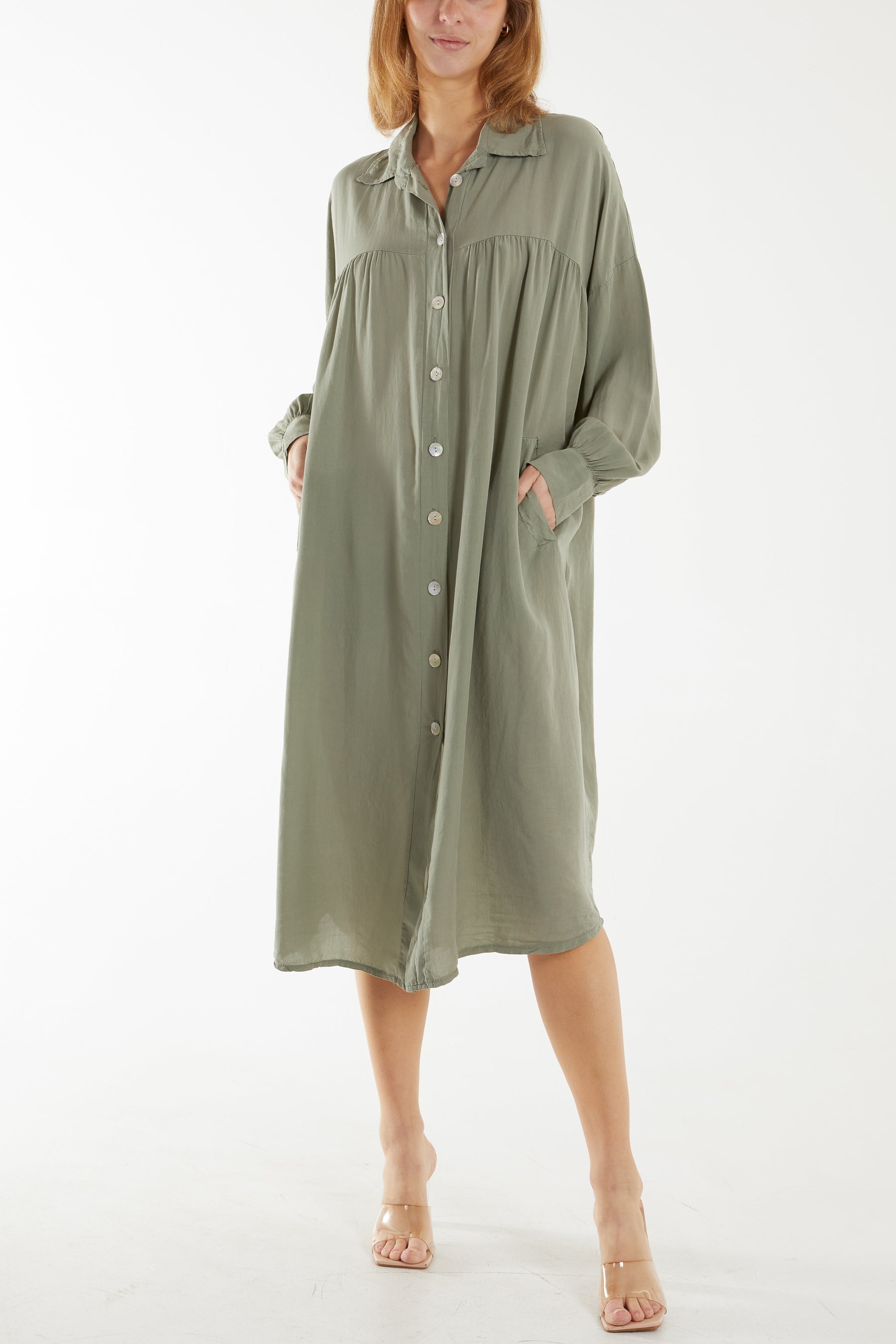 Long Sleeve Pockets Shirt Dress Dresses WearAll Khaki One Size