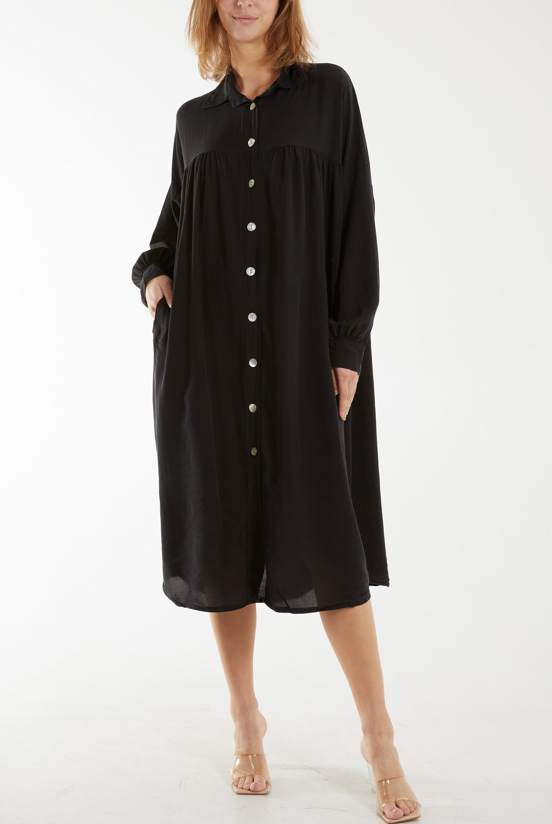 Long Sleeve Pockets Shirt Dress Dresses WearAll Black One Size