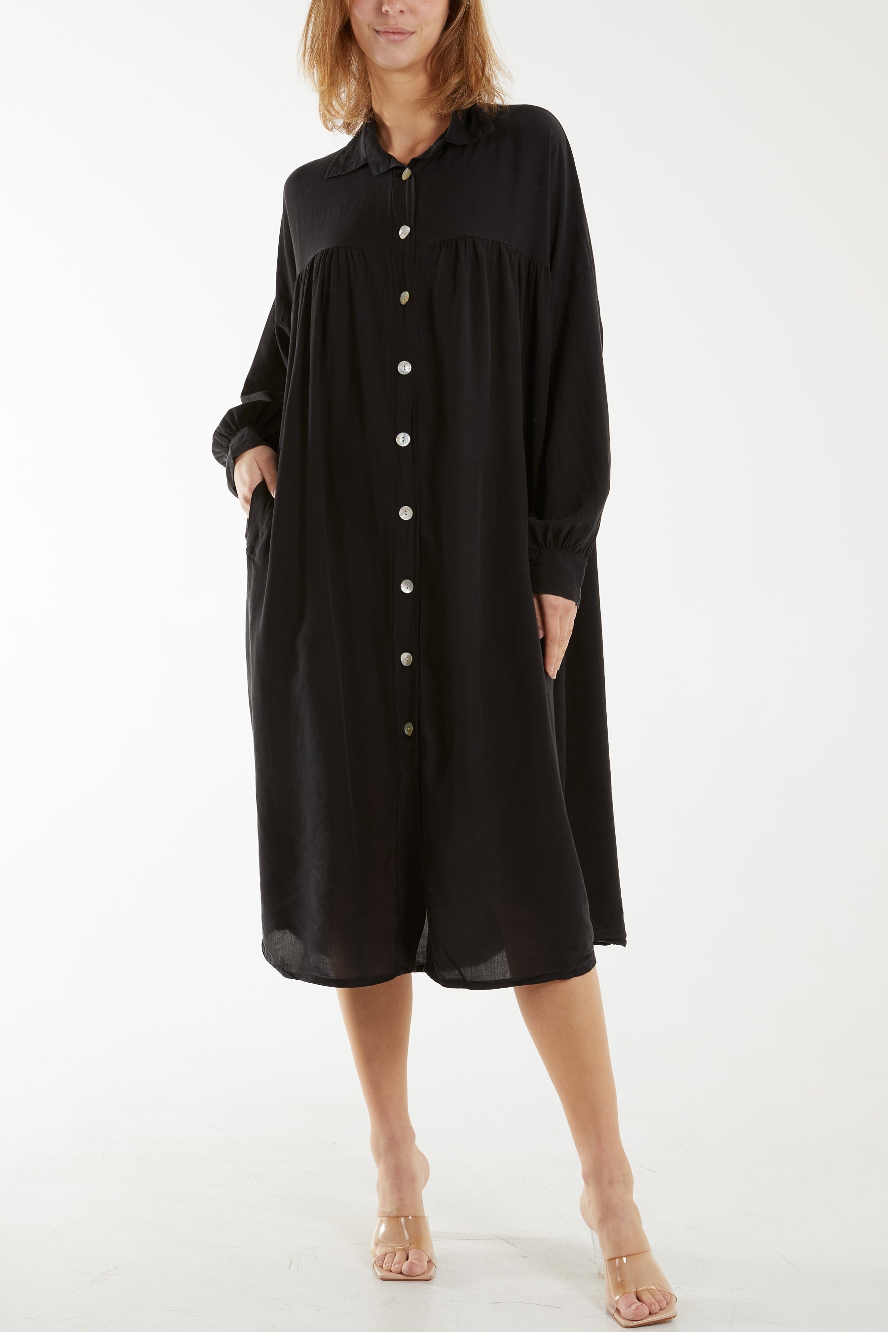 Long Sleeve Pockets Shirt Dress Dresses WearAll Black One Size