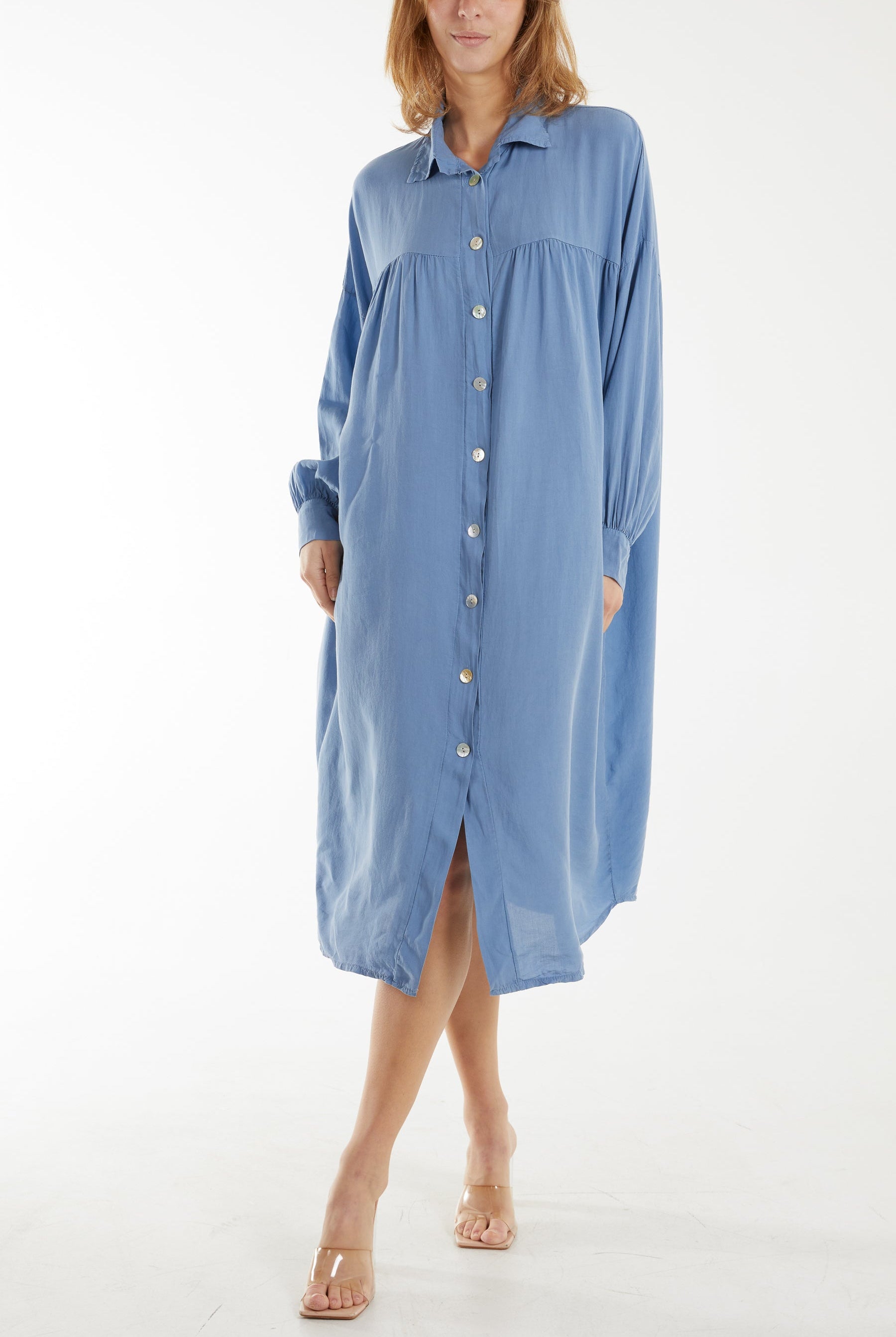 Long Sleeve Pockets Shirt Dress Dresses WearAll Denim One Size