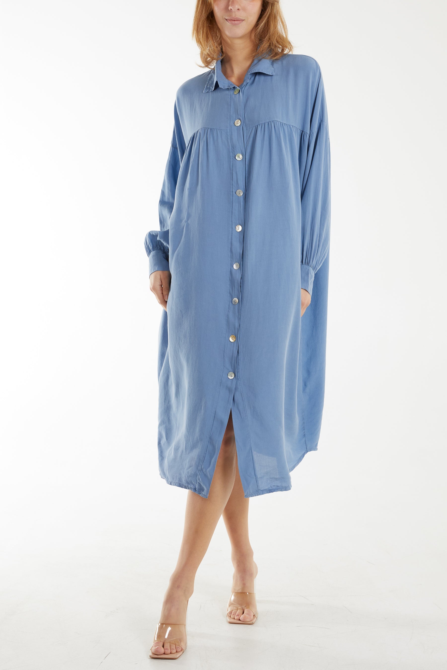 Long Sleeve Pockets Shirt Dress Dresses WearAll Denim One Size