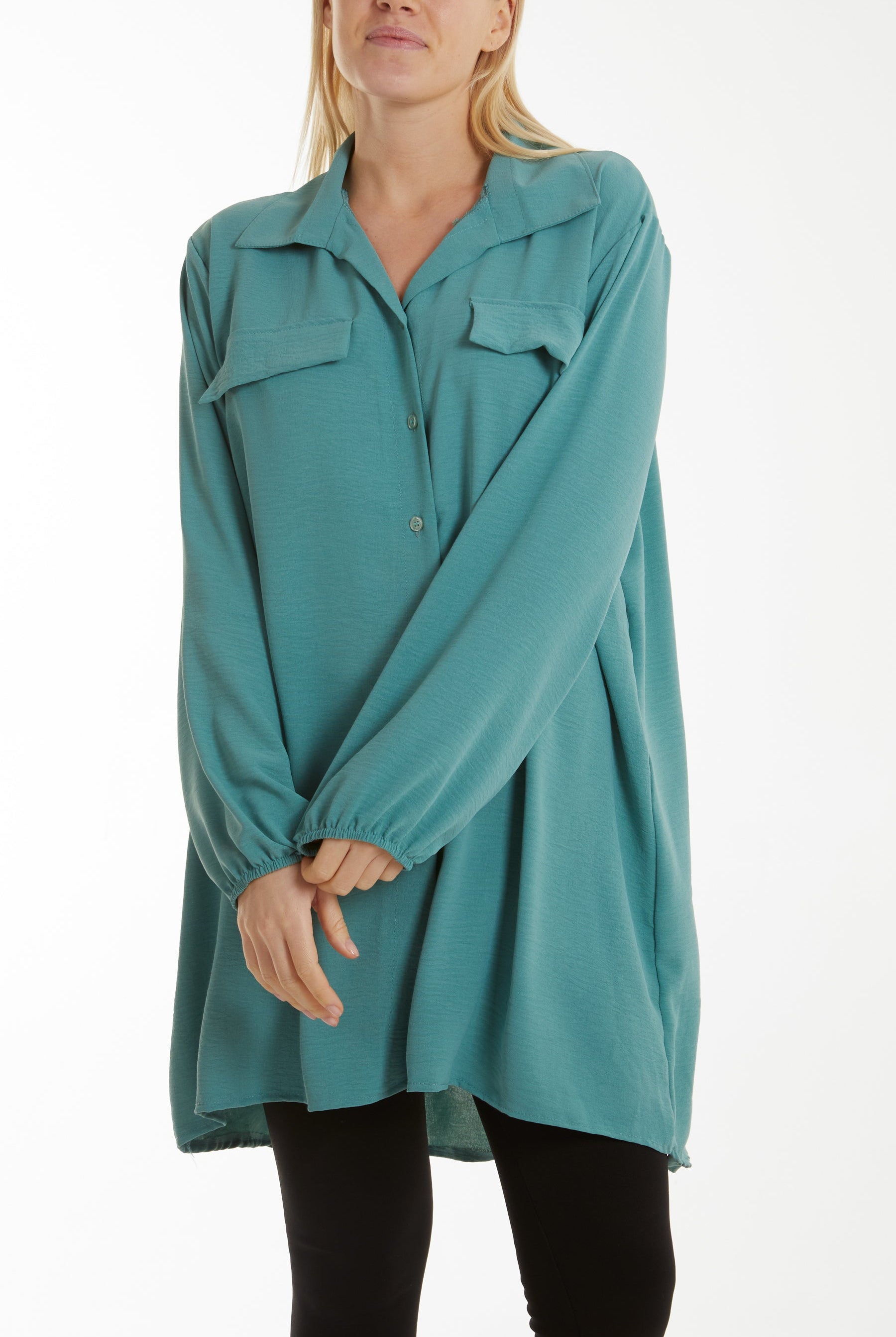 Front Flaps Long Sleeve Oversized Shirt Shirts WearAll Sage One Size
