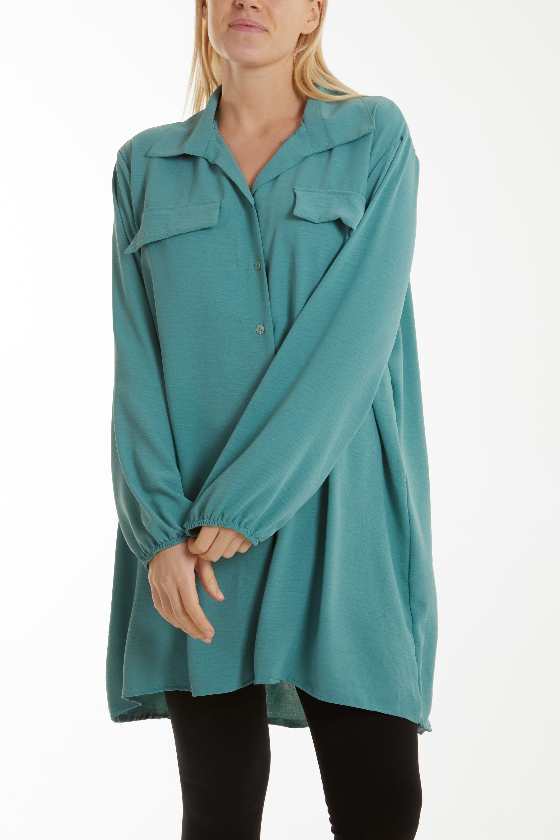 Front Flaps Long Sleeve Oversized Shirt Shirts WearAll Sage One Size