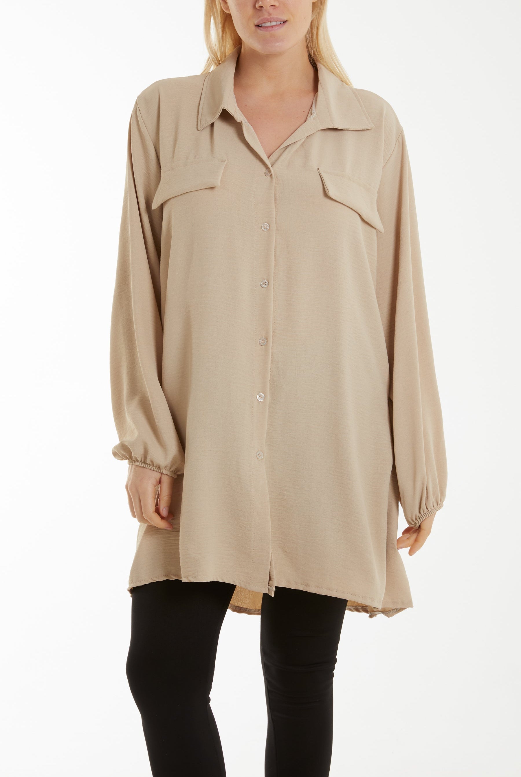 Front Flaps Long Sleeve Oversized Shirt Shirts WearAll Stone One Size