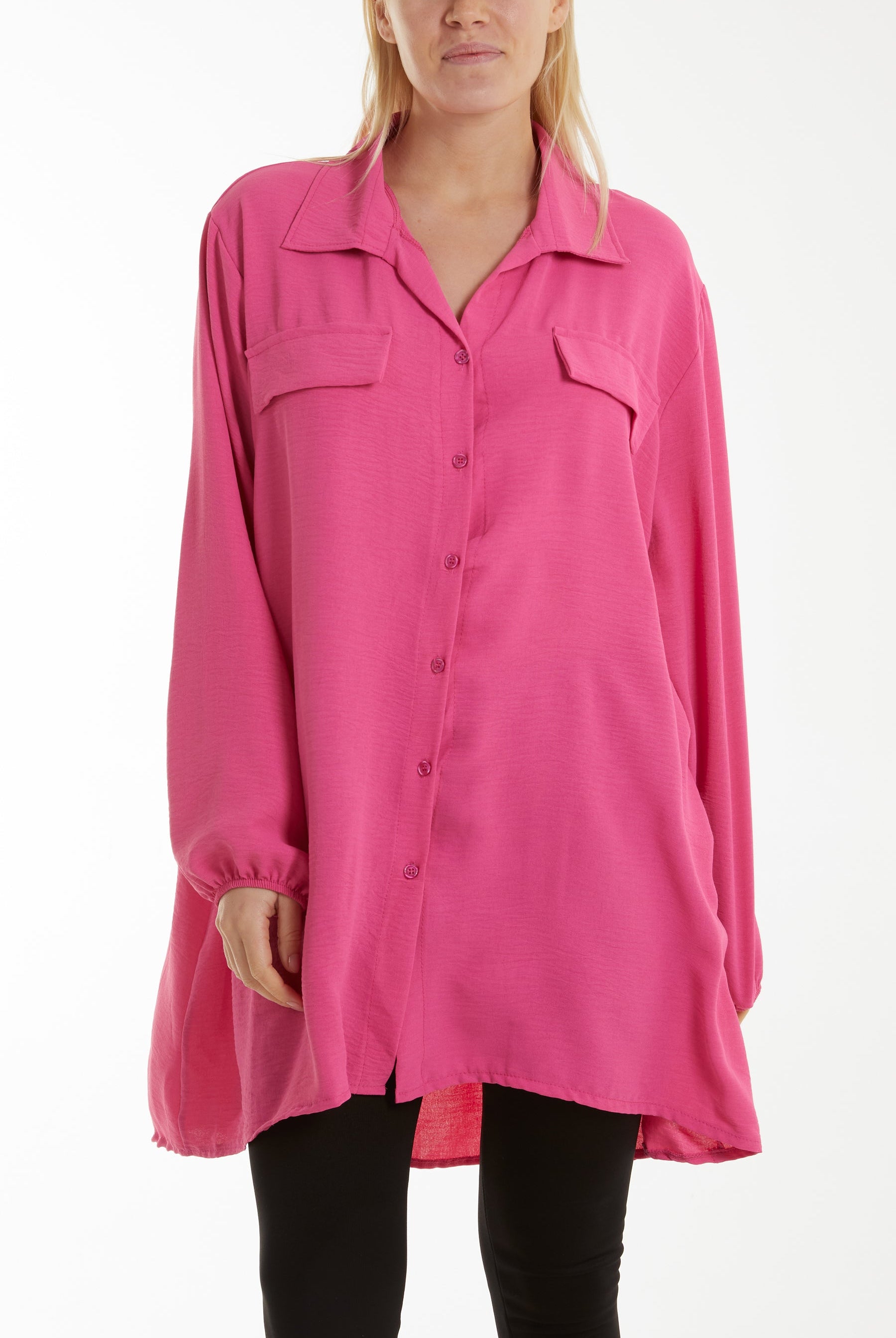 Front Flaps Long Sleeve Oversized Shirt Shirts WearAll Hot Pink One Size