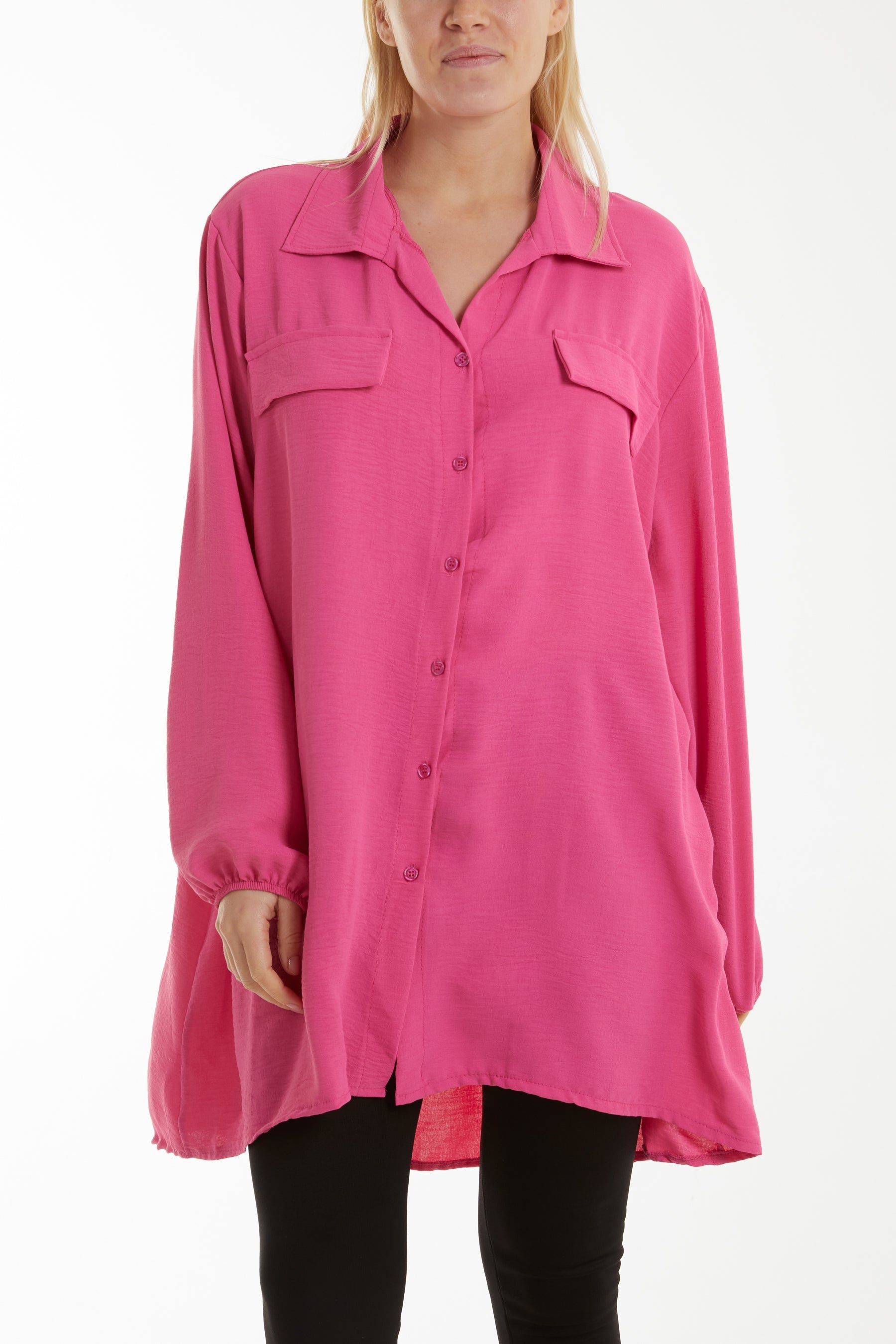 Front Flaps Long Sleeve Oversized Shirt Shirts WearAll Hot Pink One Size