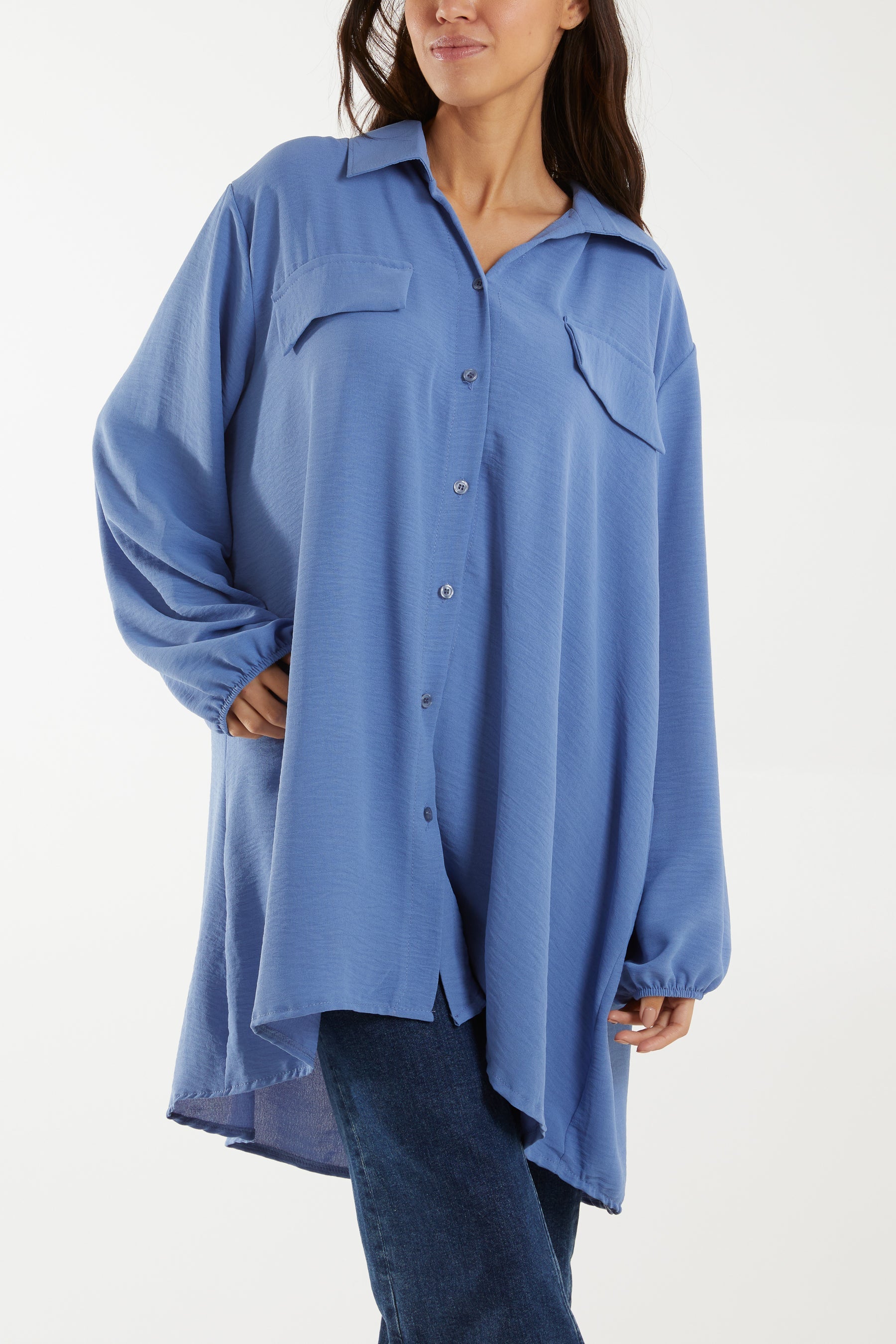 Front Flaps Long Sleeve Oversized Shirt Shirts WearAll Denim One Size