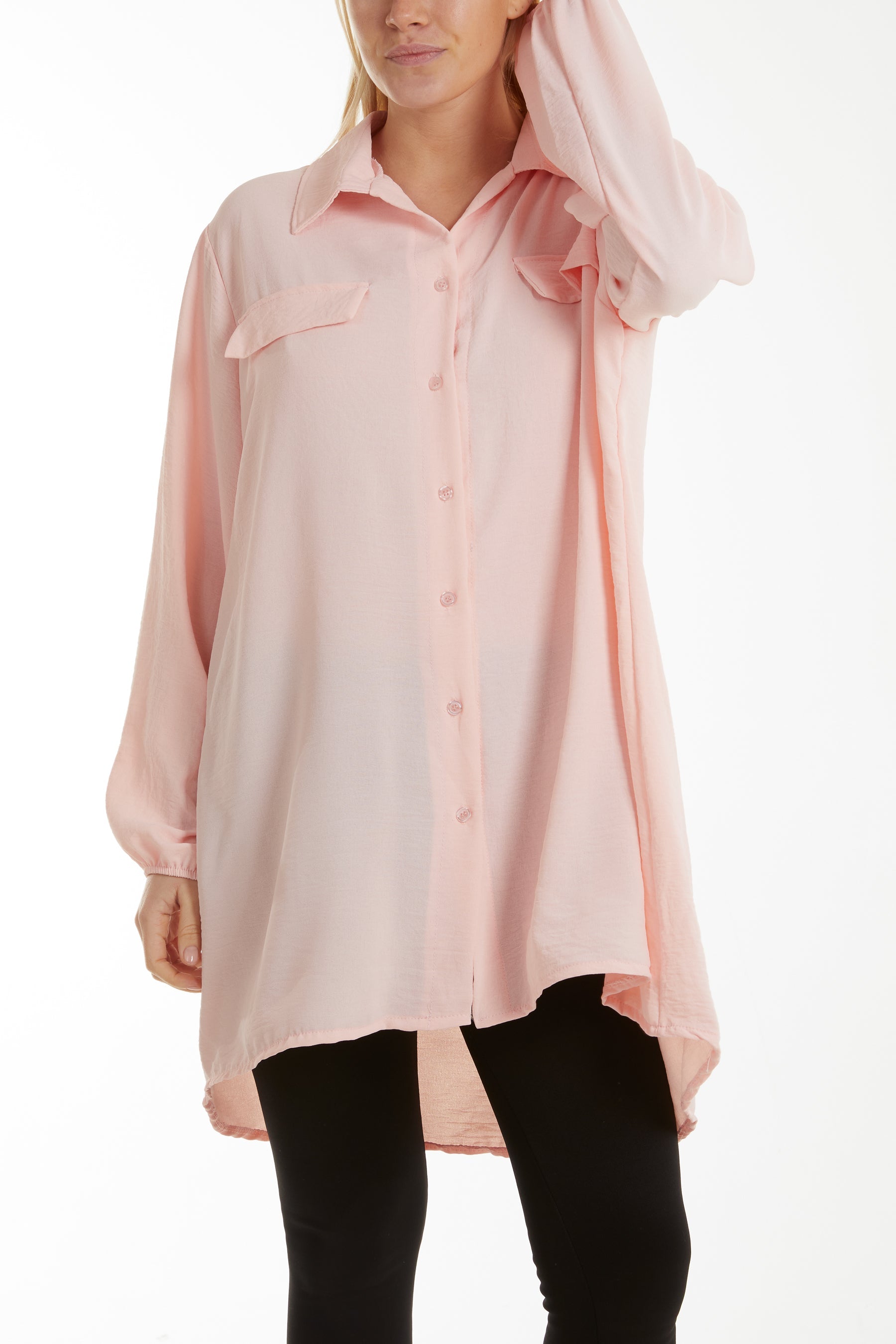 Front Flaps Long Sleeve Oversized Shirt Shirts WearAll Pink One Size