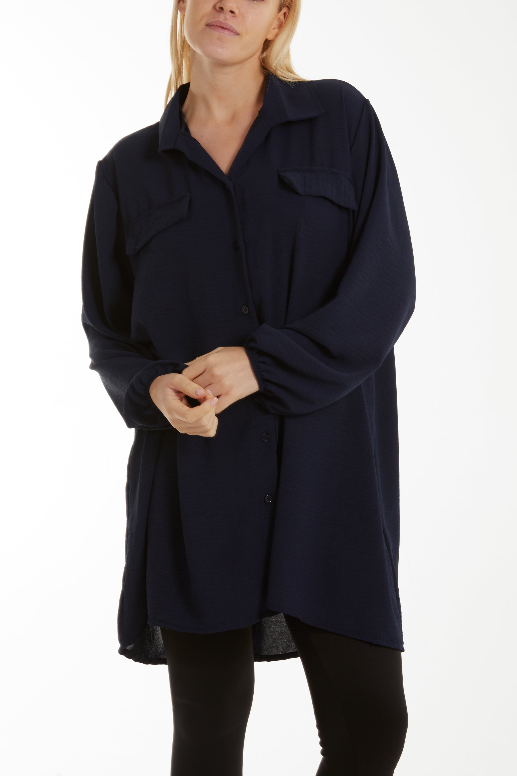 Front Flaps Long Sleeve Oversized Shirt Shirts WearAll Navy One Size