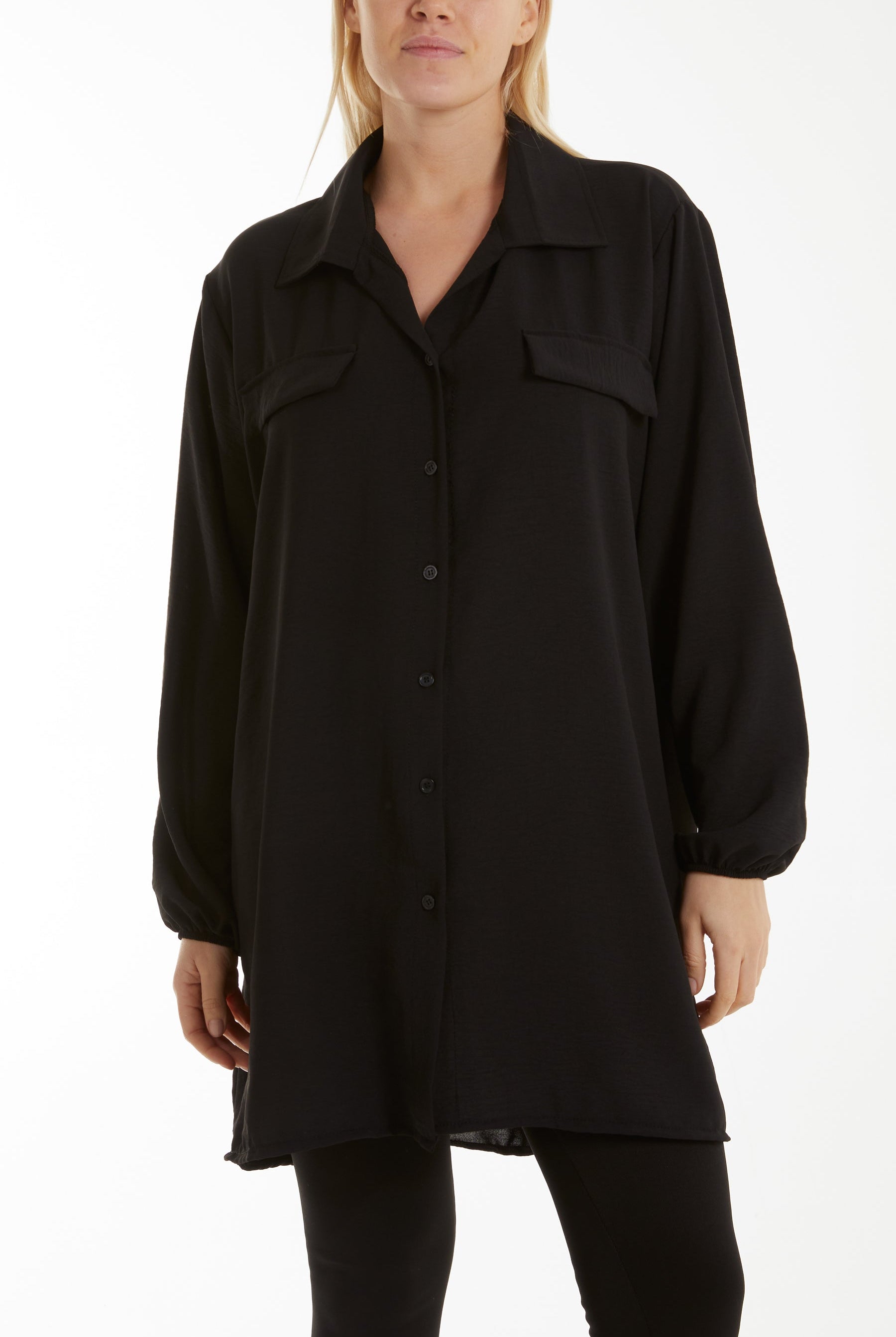 Front Flaps Long Sleeve Oversized Shirt Shirts WearAll Black One Size