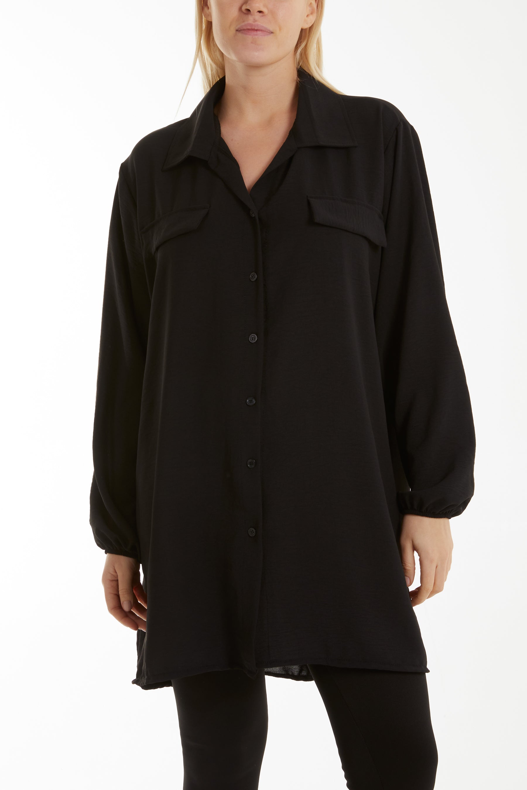 Front Flaps Long Sleeve Oversized Shirt Shirts WearAll Black One Size
