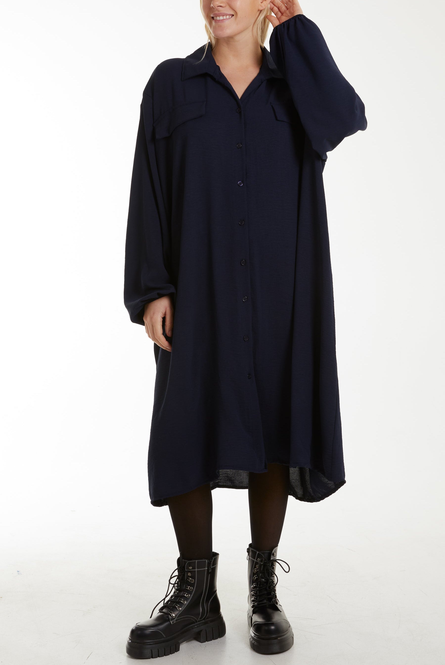 Front Flaps Long Sleeve Shirt Dress Dresses WearAll Navy One Size