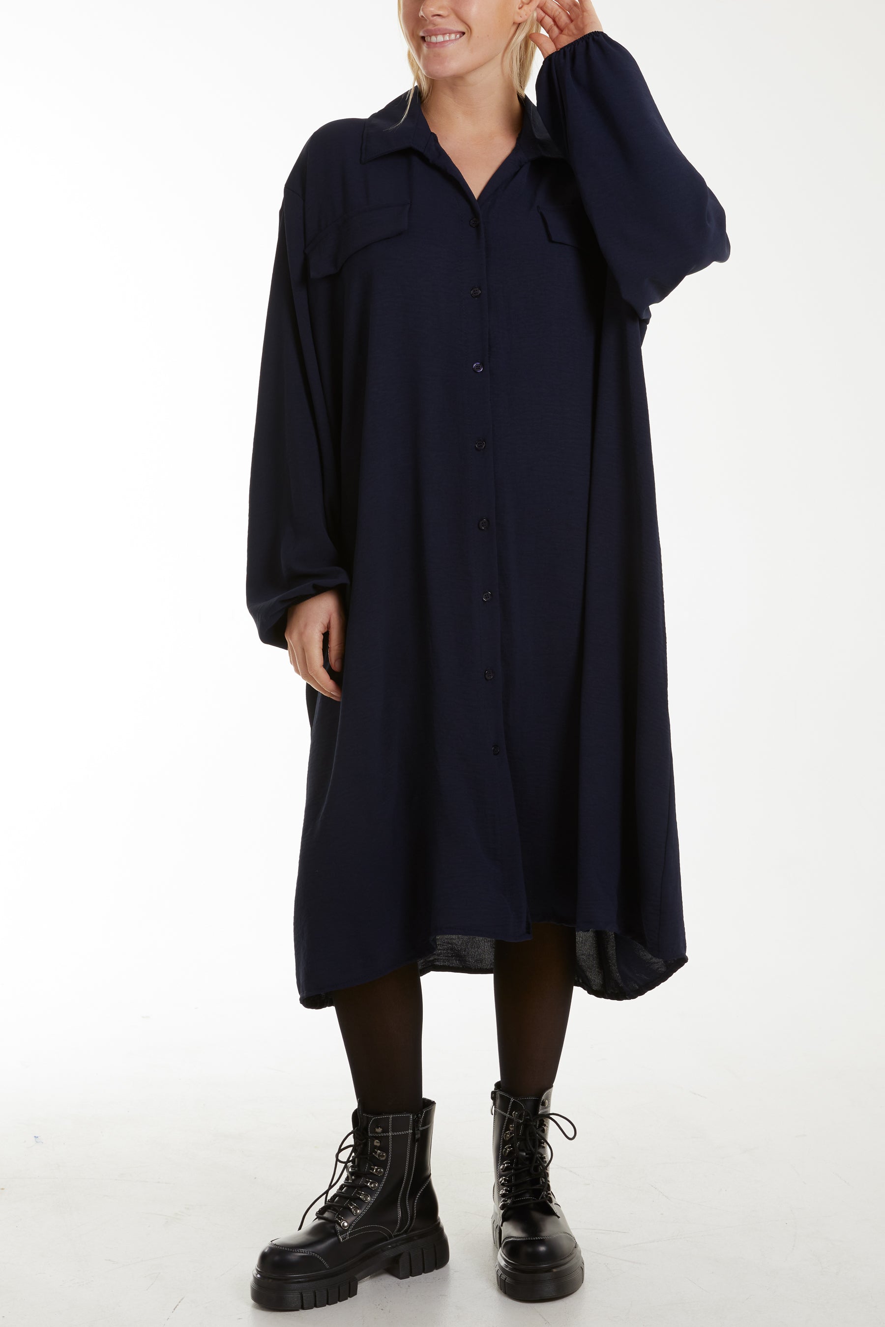 Front Flaps Long Sleeve Shirt Dress Dresses WearAll Navy One Size