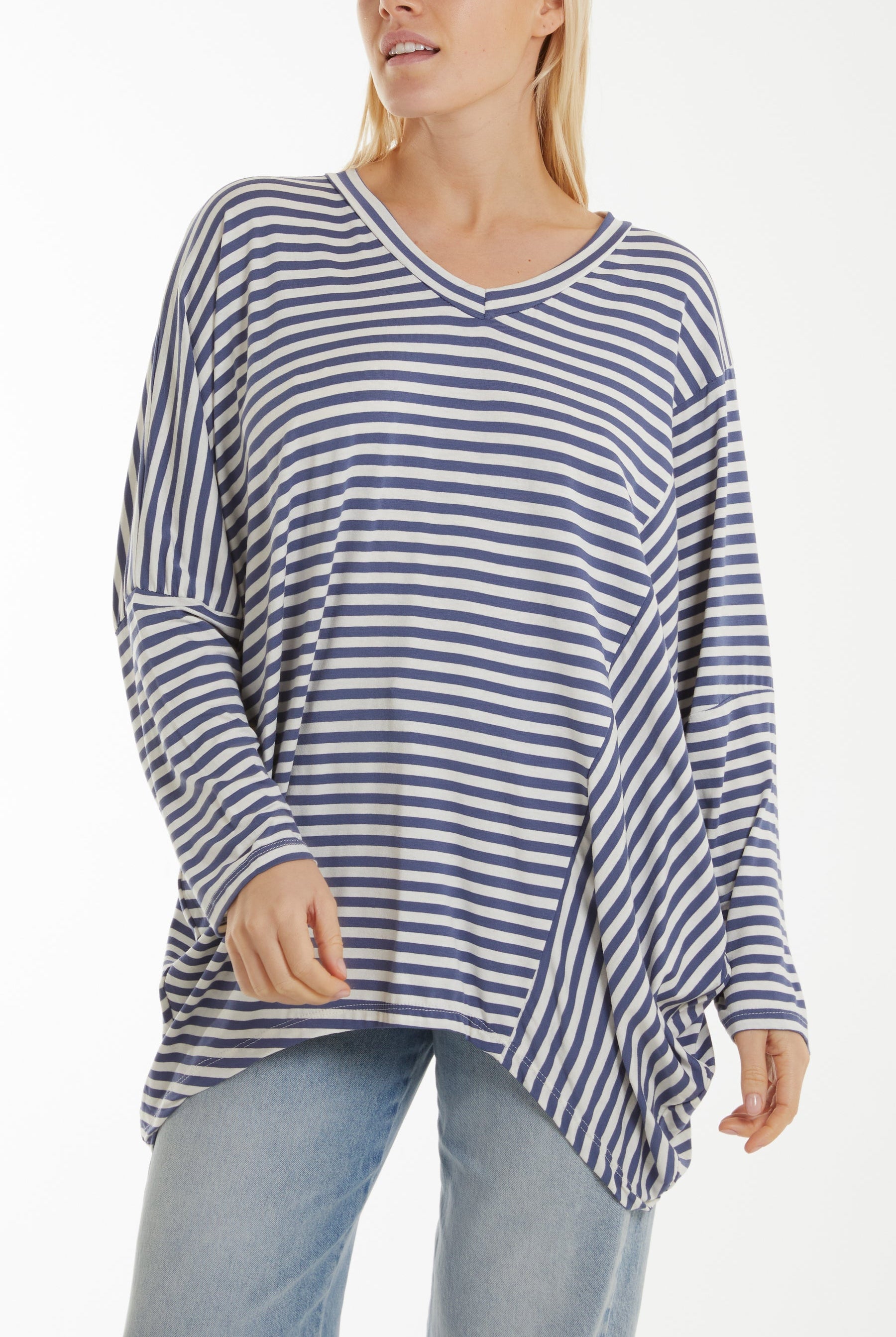 Batwing Asymmetric Hem Striped Top Tops WearAll Navy One Size