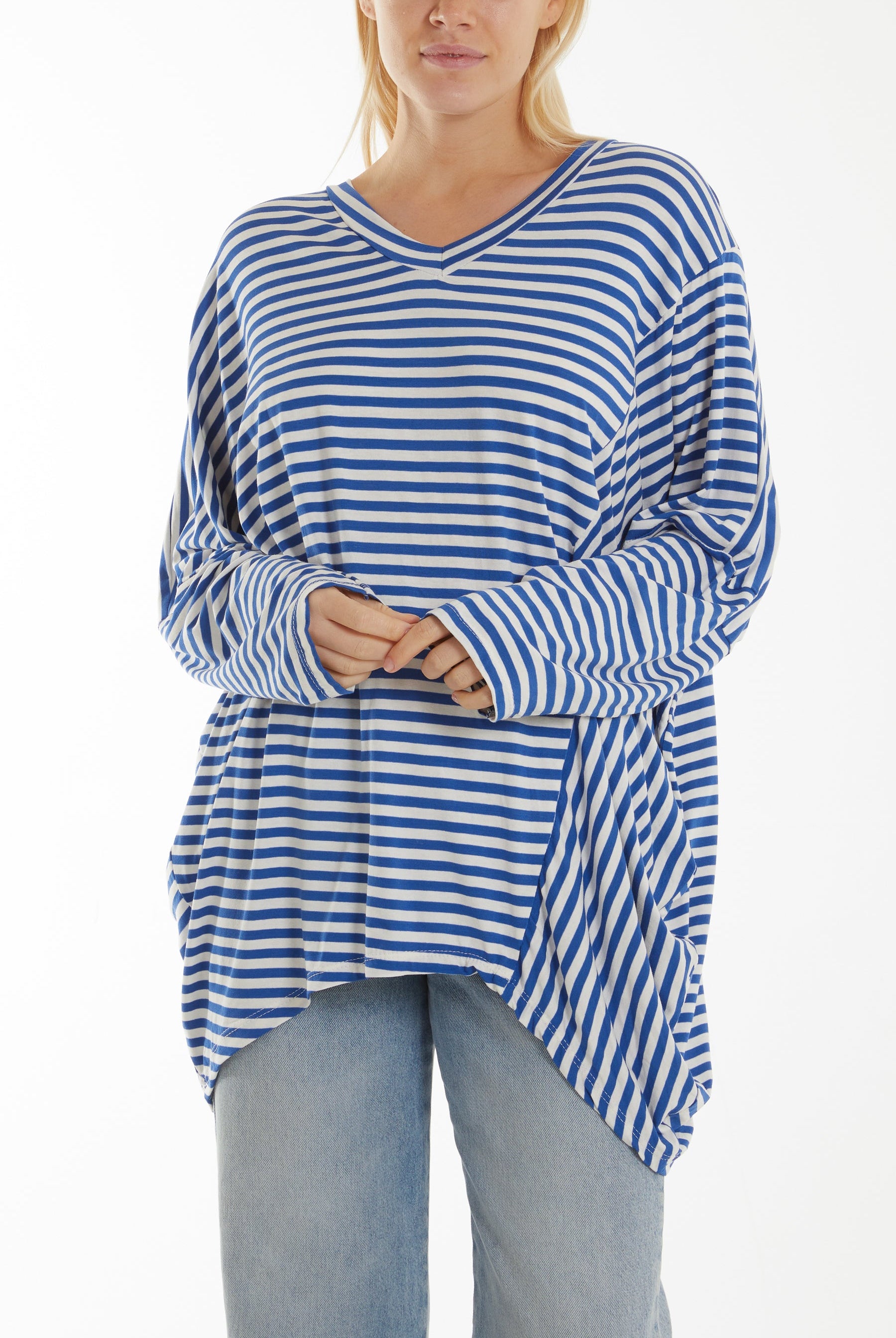 Batwing Asymmetric Hem Striped Top Tops WearAll Royal Blue One Size