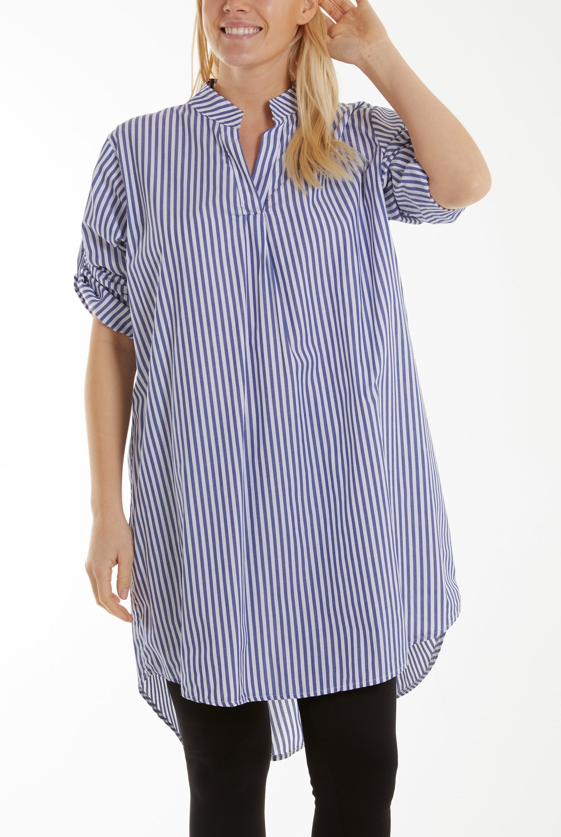 Collarless Striped Shirt Dress Dresses WearAll Denim One Size