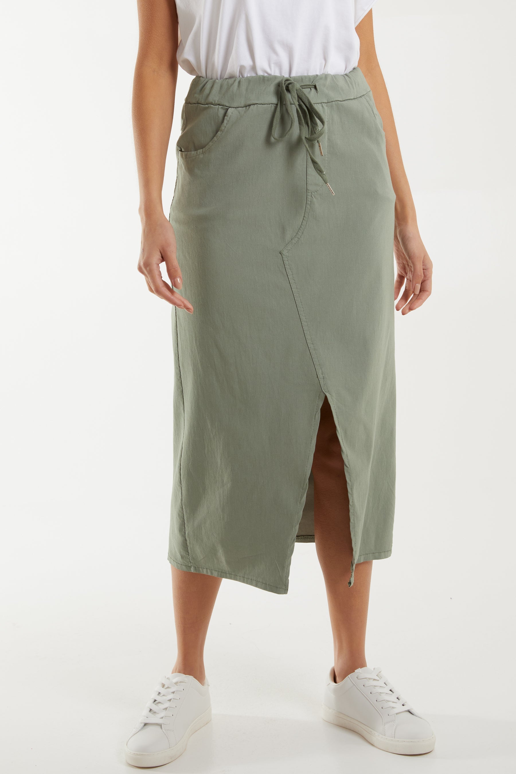 Magic String Front Split Pencil Skirt Skirts WearAll Khaki One Size