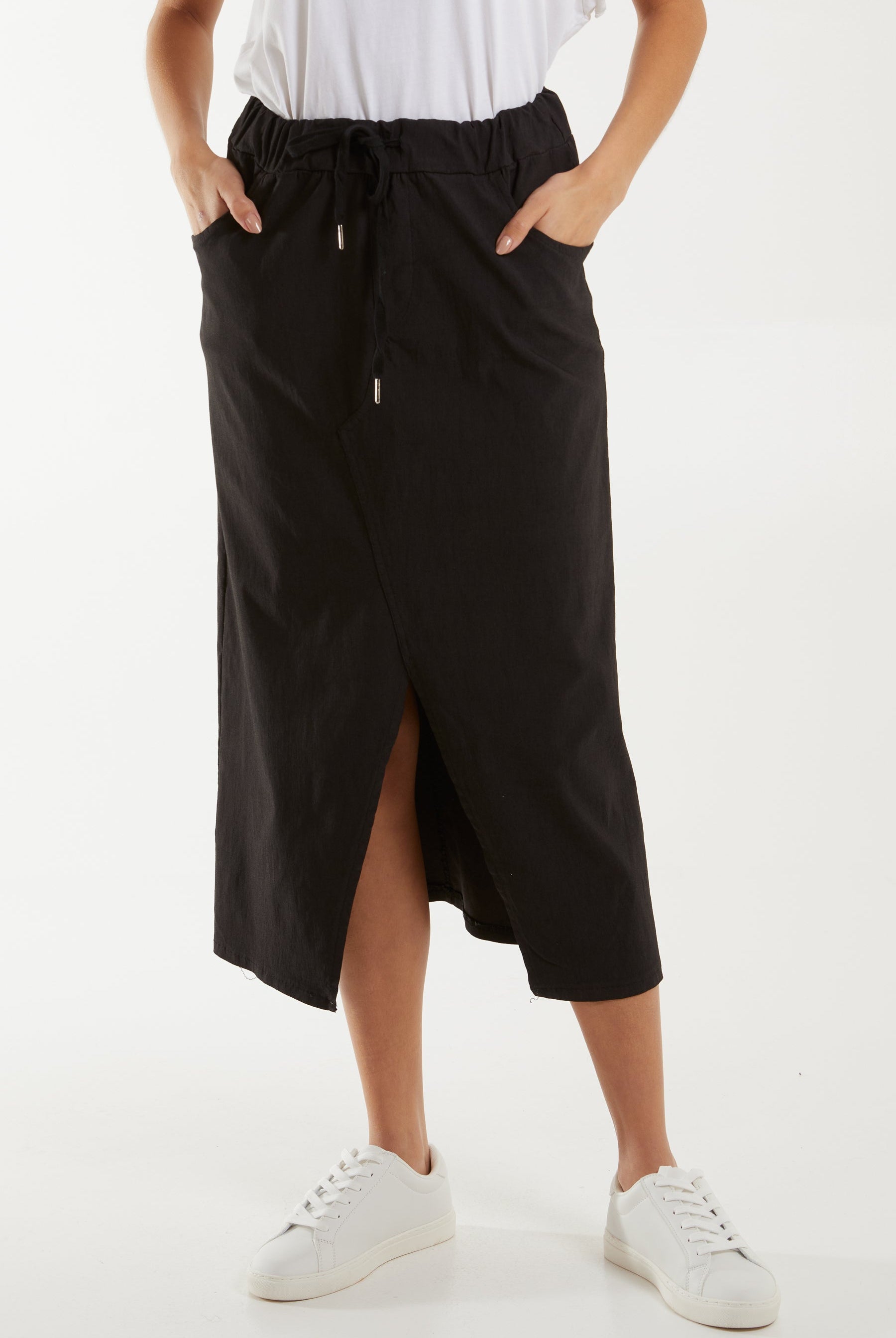 Magic String Front Split Pencil Skirt Skirts WearAll Black One Size