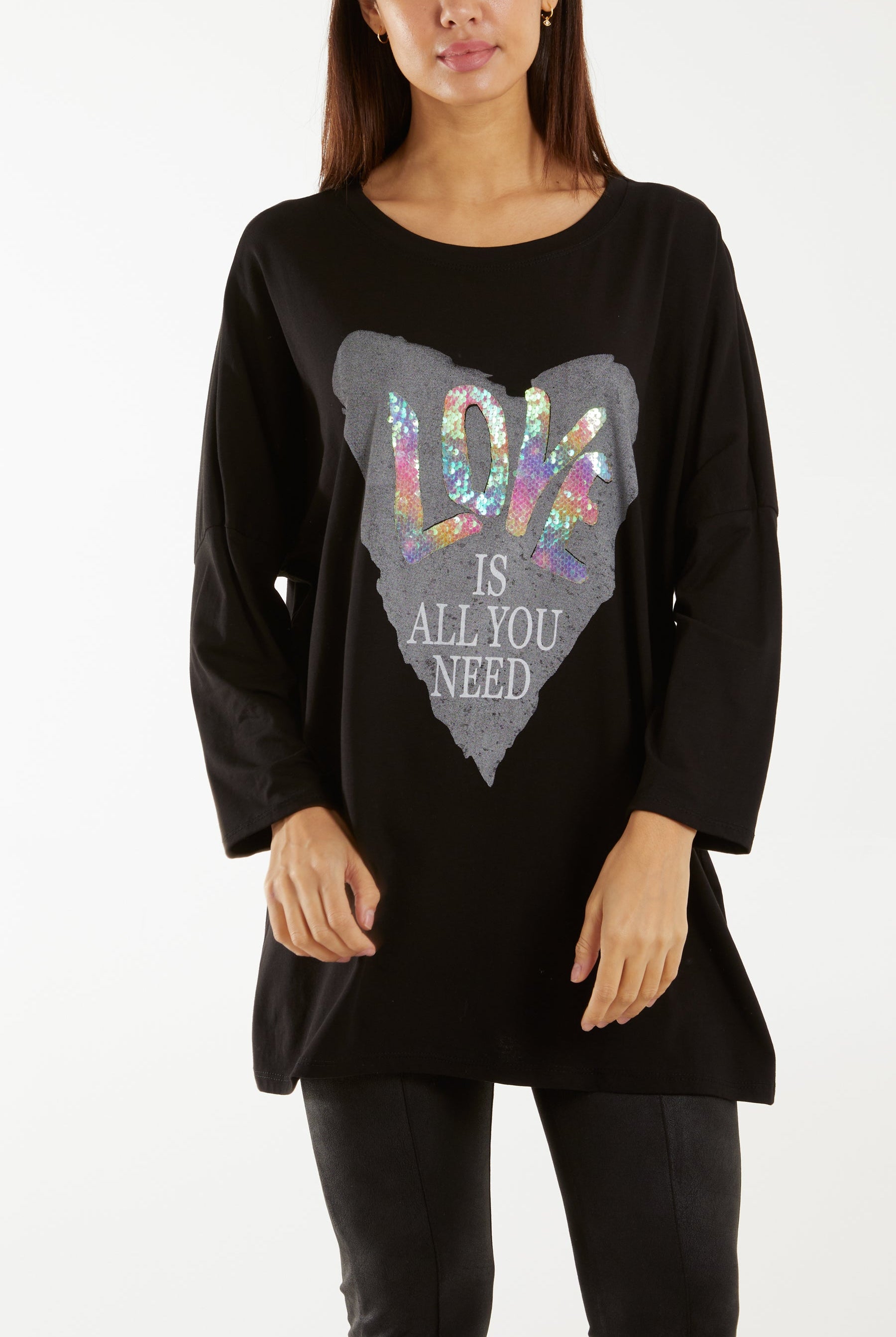 "Love" Rainbow Sequin Long Sleeve Top T-shirts WearAll Black One Size