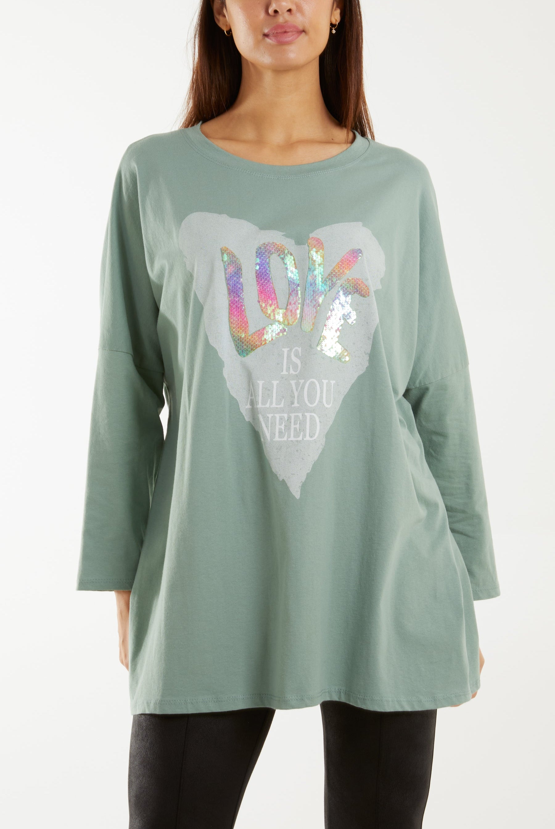 "Love" Rainbow Sequin Long Sleeve Top T-shirts WearAll Sage One Size