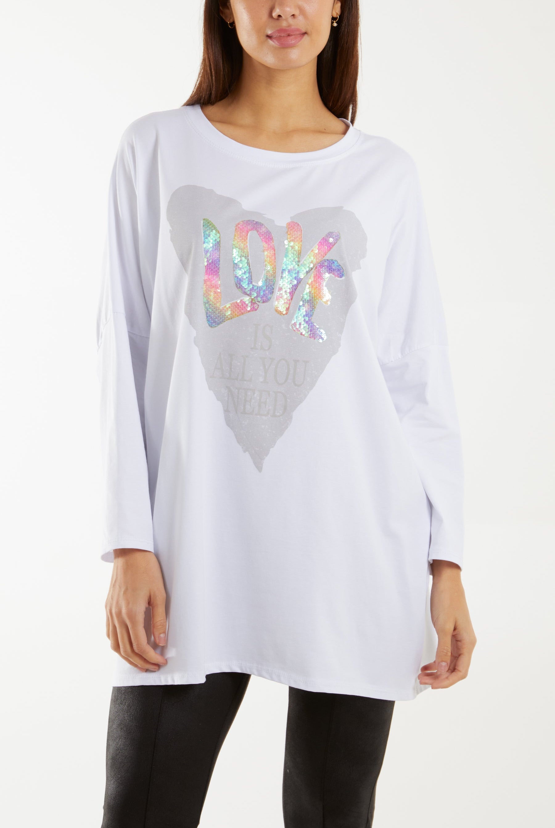 "Love" Rainbow Sequin Long Sleeve Top T-shirts WearAll White One Size