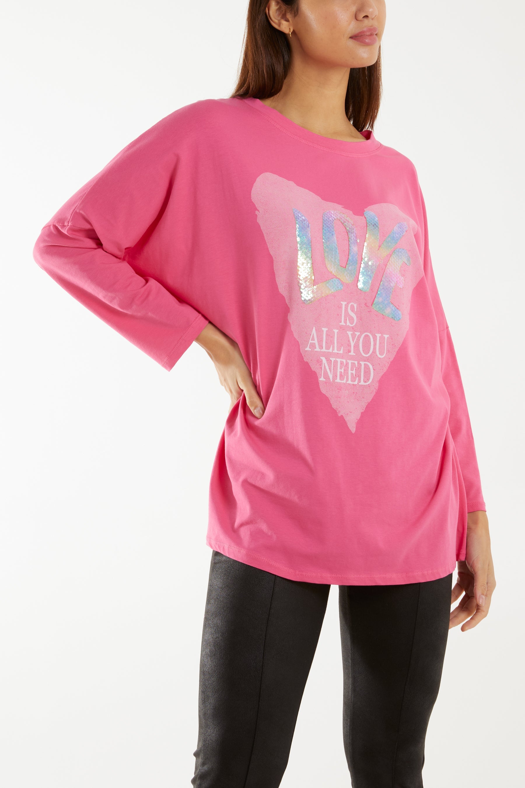 "Love" Rainbow Sequin Long Sleeve Top T-shirts WearAll Hot Pink One Size