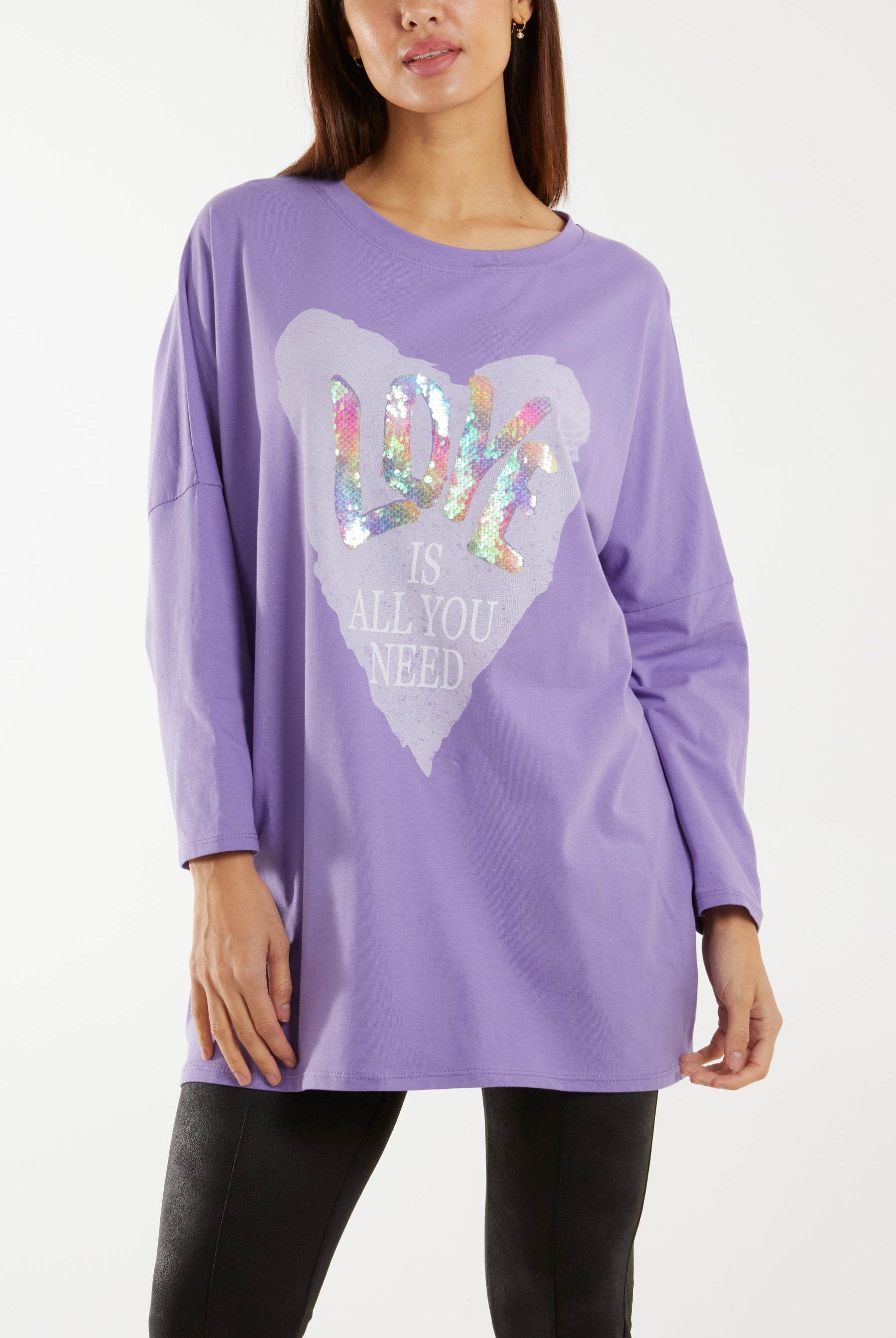 "Love" Rainbow Sequin Long Sleeve Top T-shirts WearAll Lilac One Size
