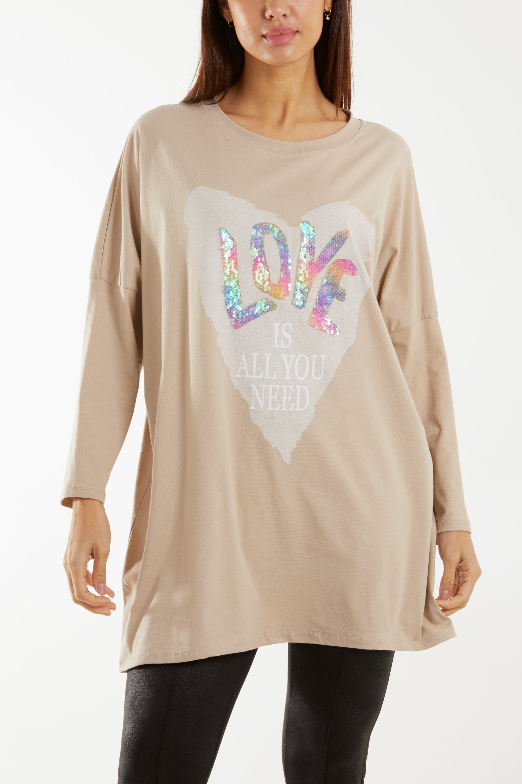 "Love" Rainbow Sequin Long Sleeve Top T-shirts WearAll Beige One Size
