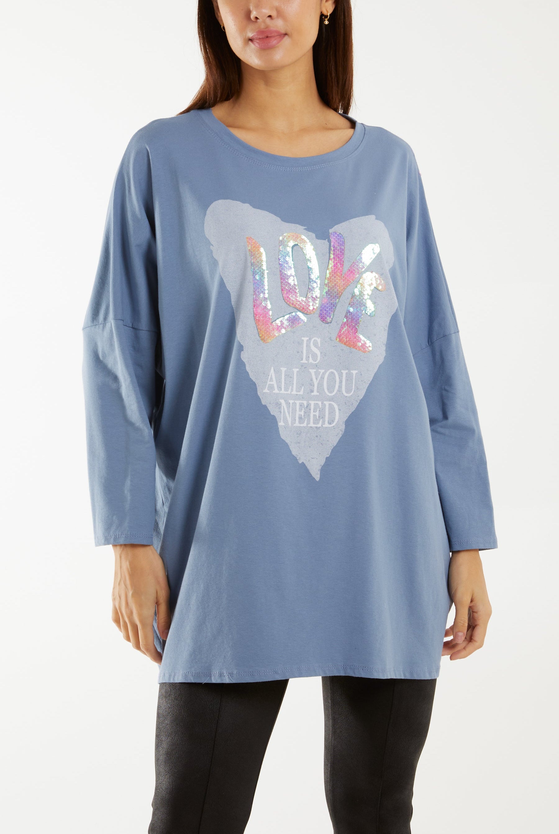 "Love" Rainbow Sequin Long Sleeve Top T-shirts WearAll Denim One Size