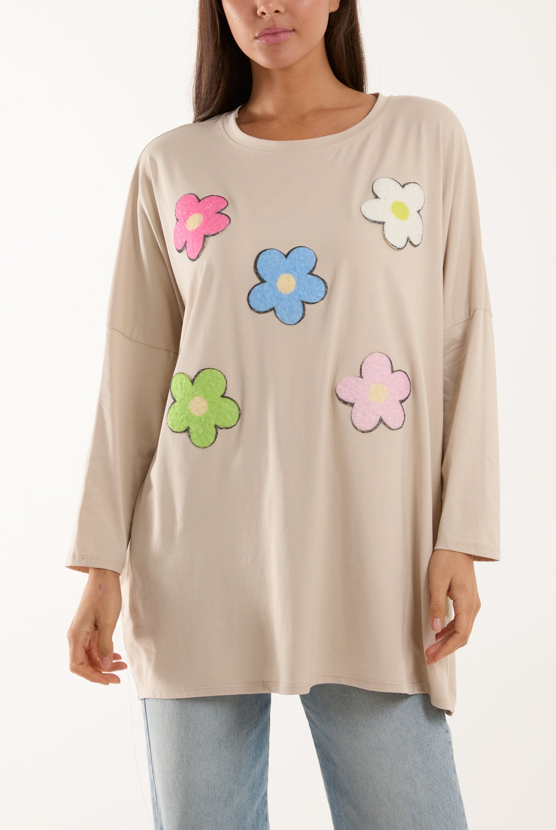 Multicolour Fluffy Daisy Long Sleeve Top T-shirts WearAll Beige One Size
