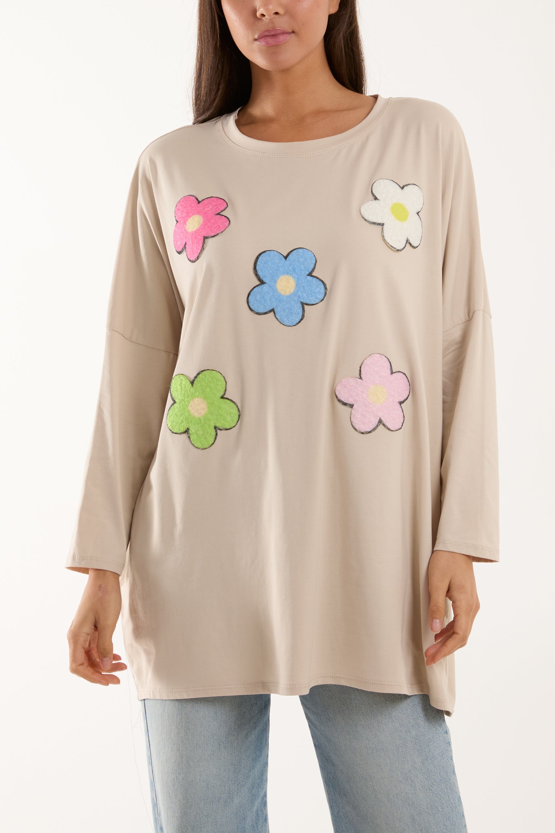 Multicolour Fluffy Daisy Long Sleeve Top T-shirts WearAll Beige One Size