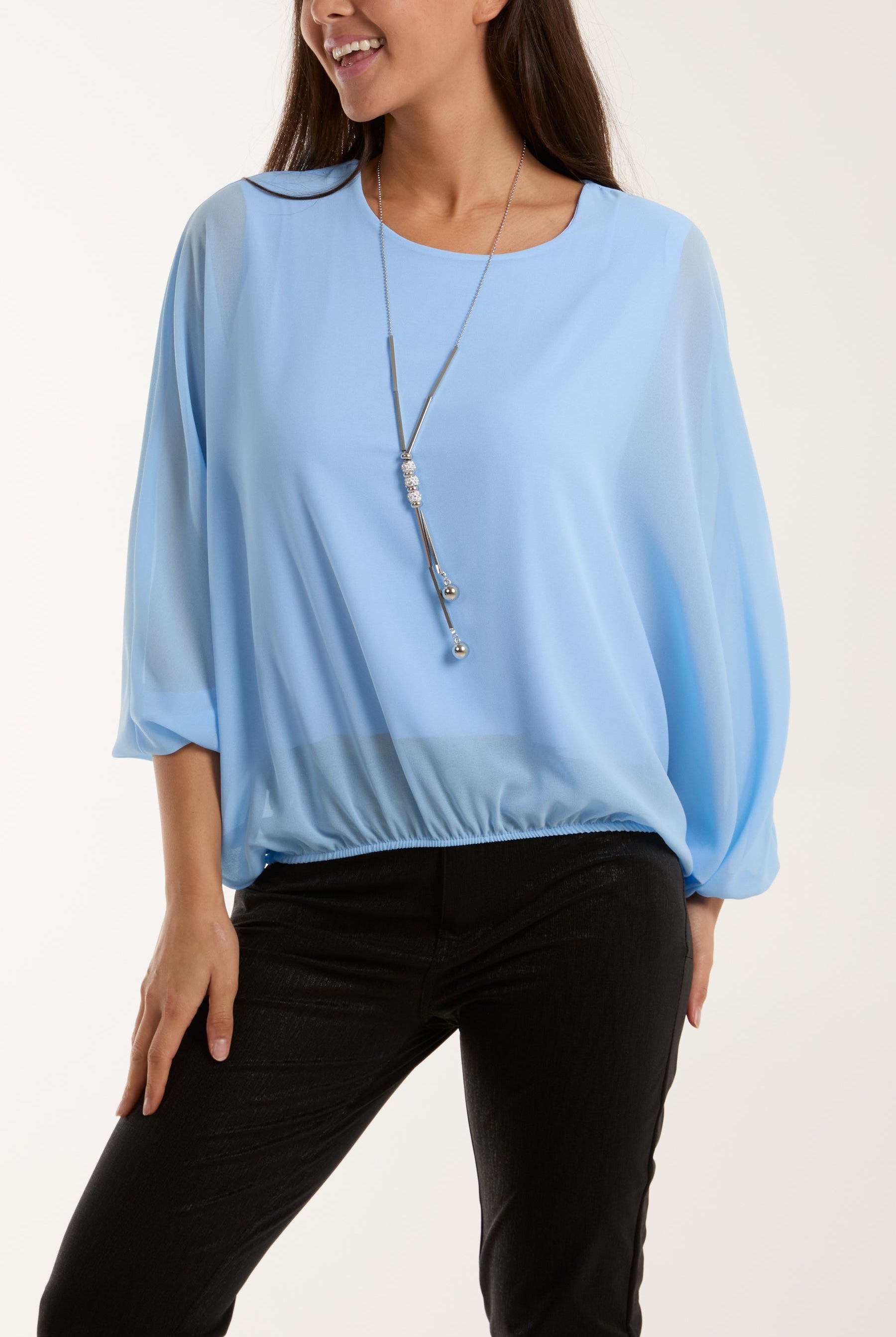 Necklace Batwing Bubble Hem Top Tops WearAll Light Blue One Size