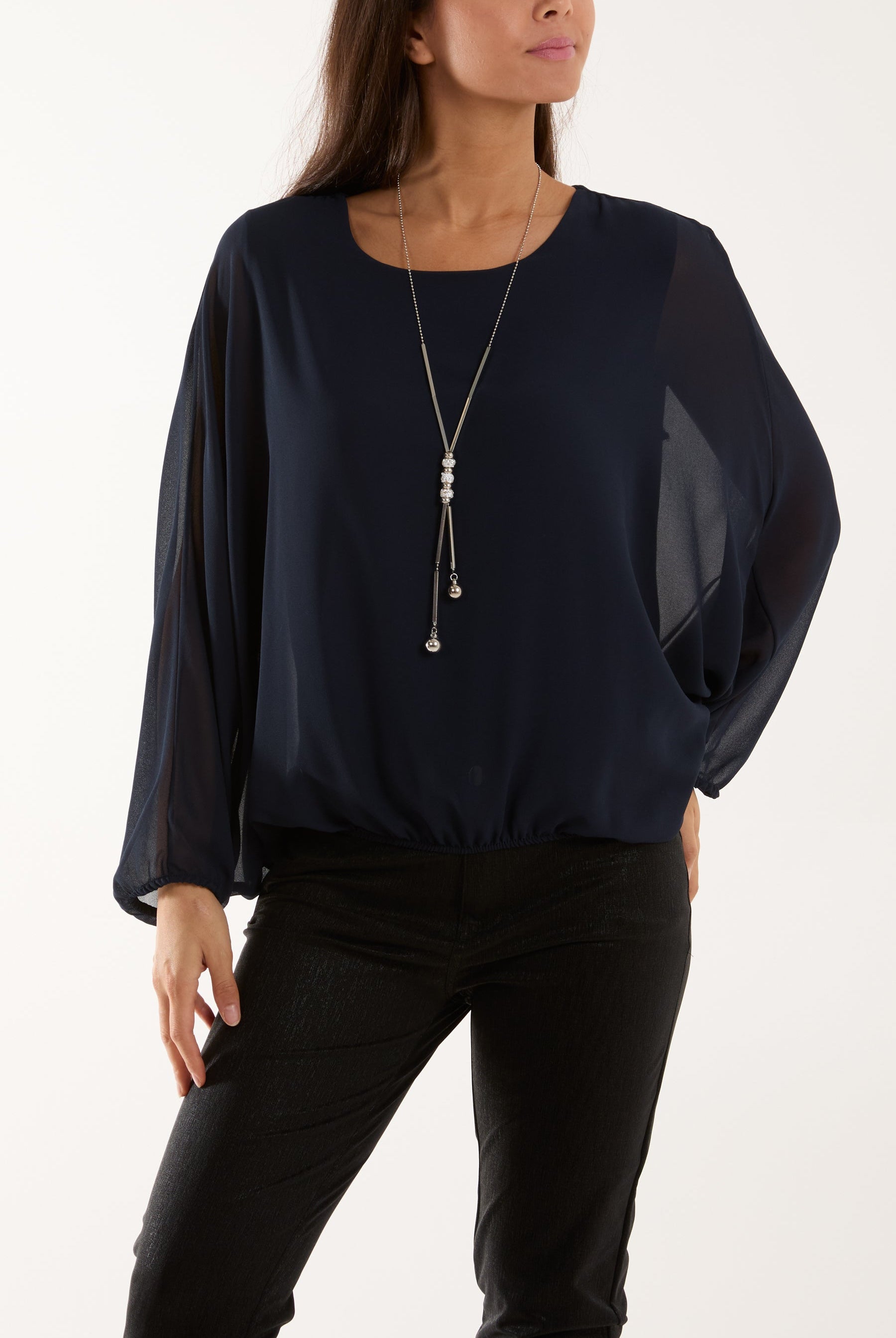 Necklace Batwing Bubble Hem Top Tops WearAll Navy One Size