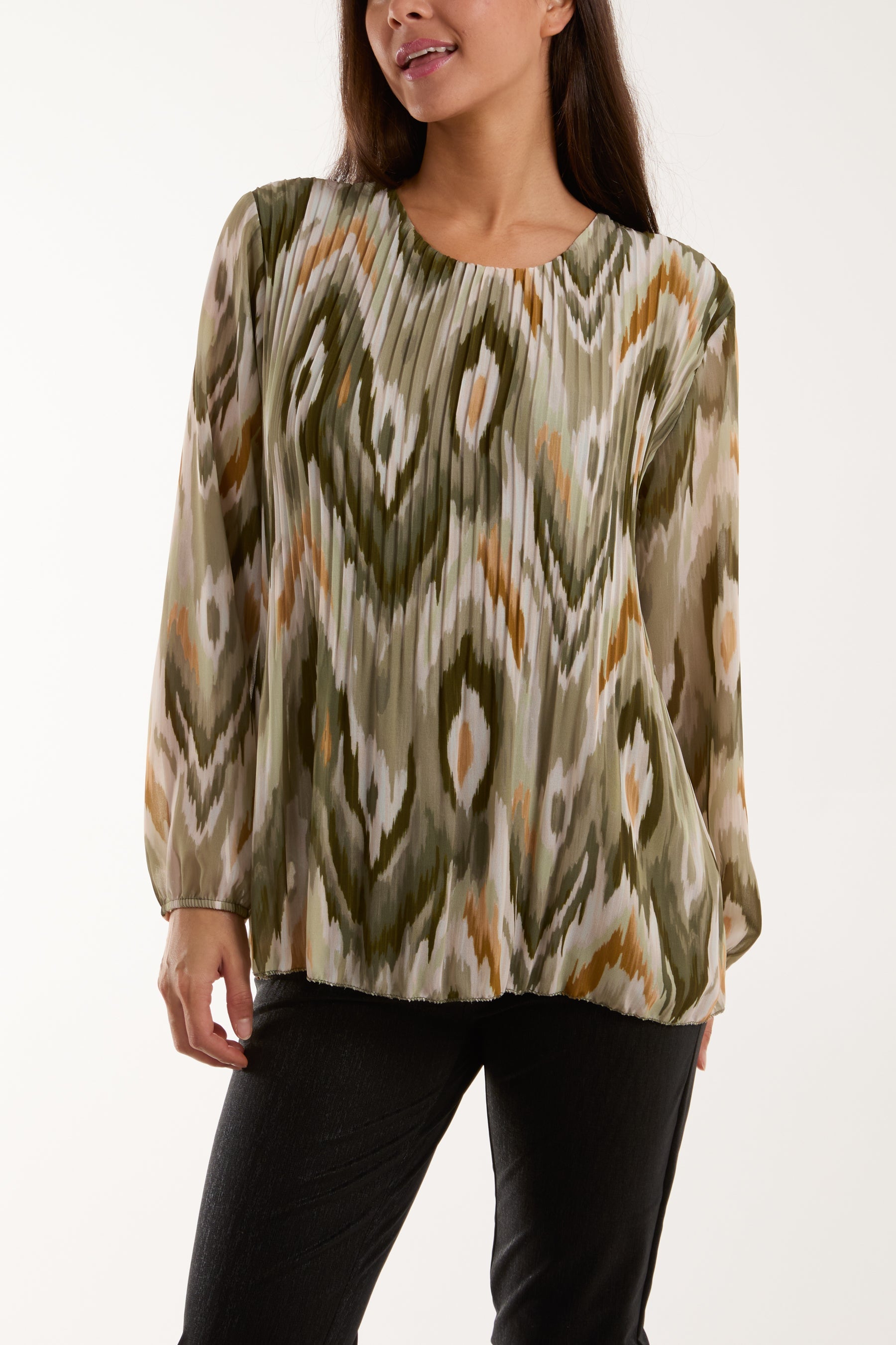 Blurred Zig Zag Pleated Blouse Blouses WearAll Khaki One Size