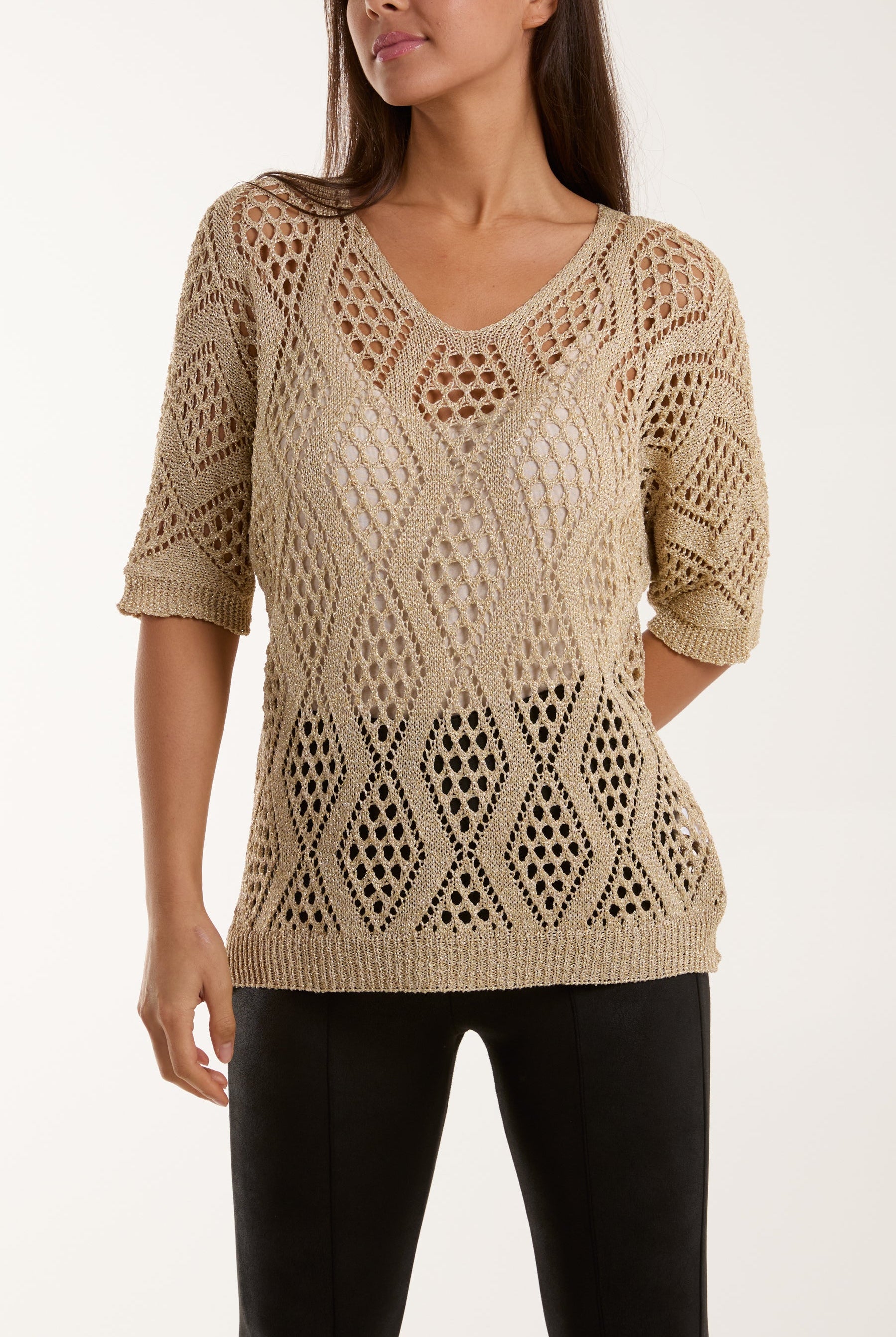 Diamond Lurex Crochet Top Tops WearAll Gold One Size