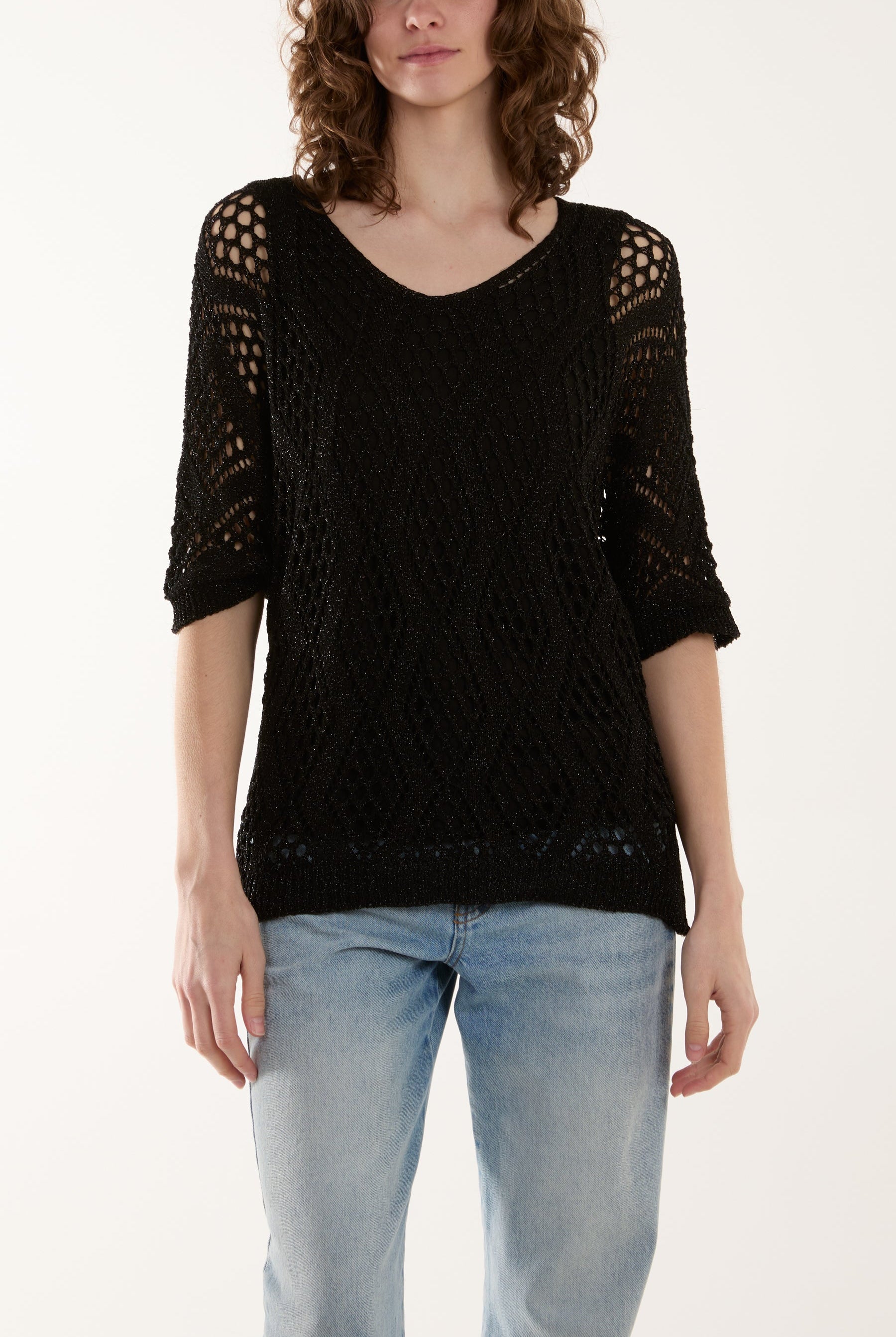 Diamond Lurex Crochet Top Tops WearAll Black One Size