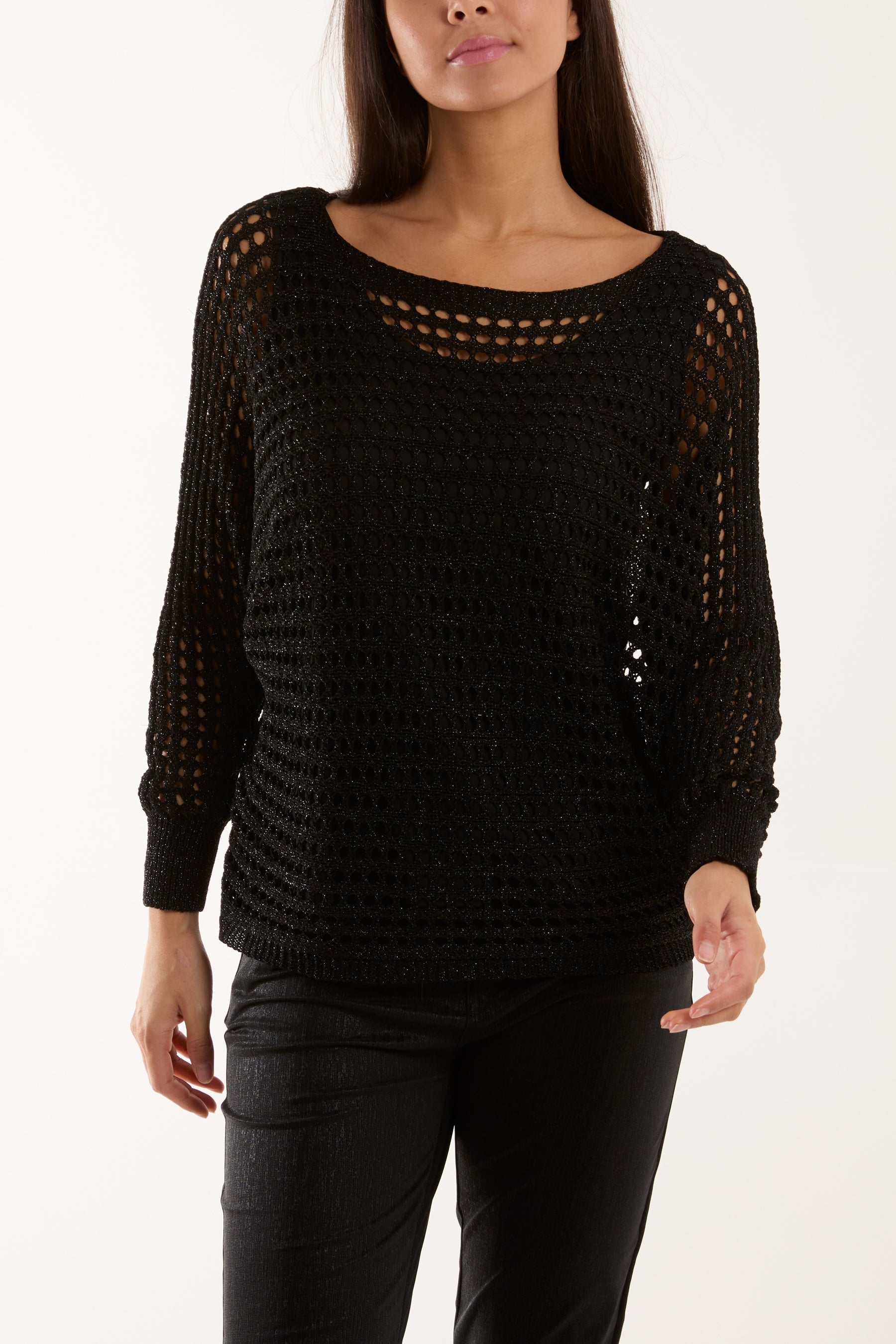 Satin Bow Back Crochet Knit Top Jumpers WearAll Black One Size