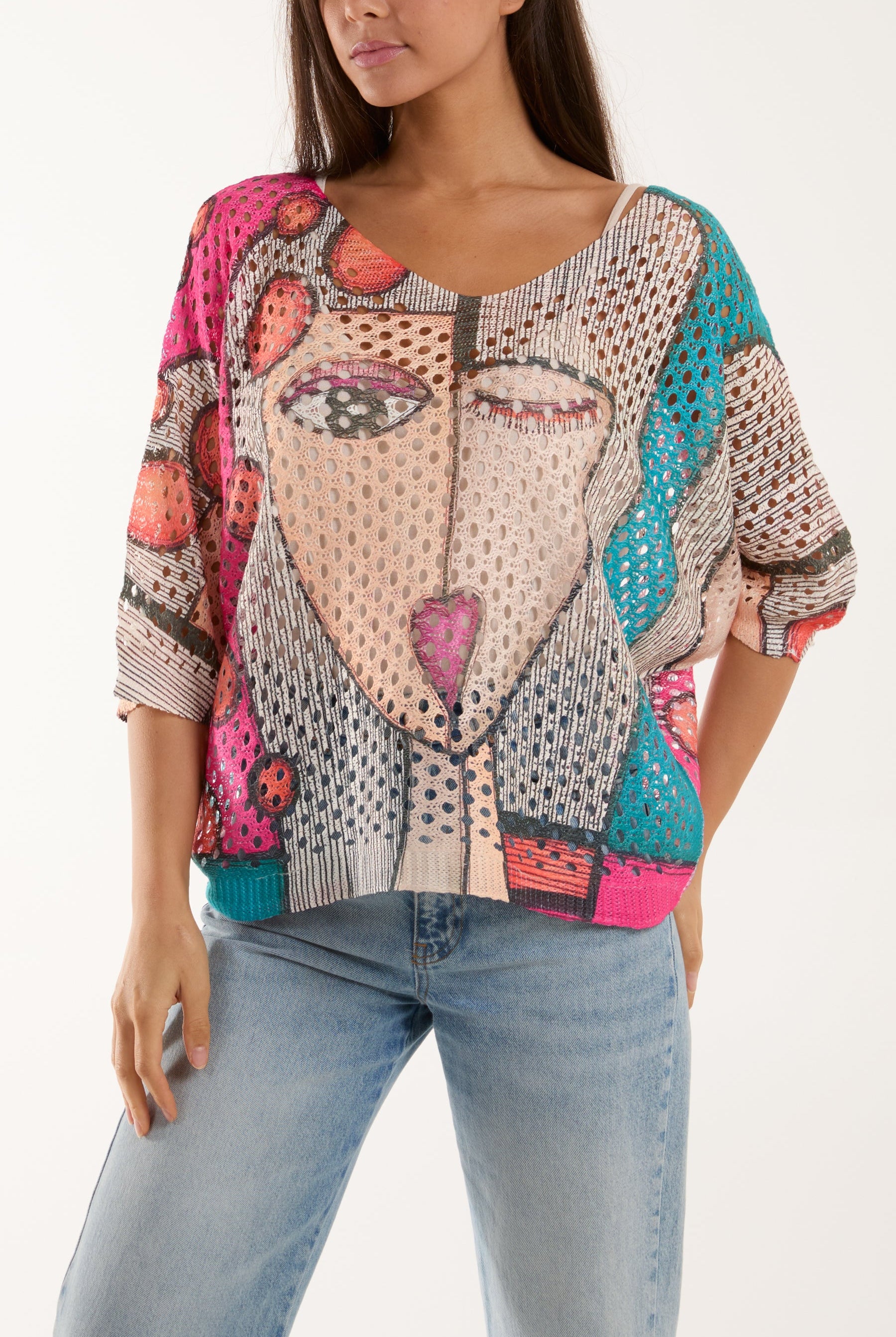 Crochet Knit Winking Face Top Jumpers WearAll Multi One Size