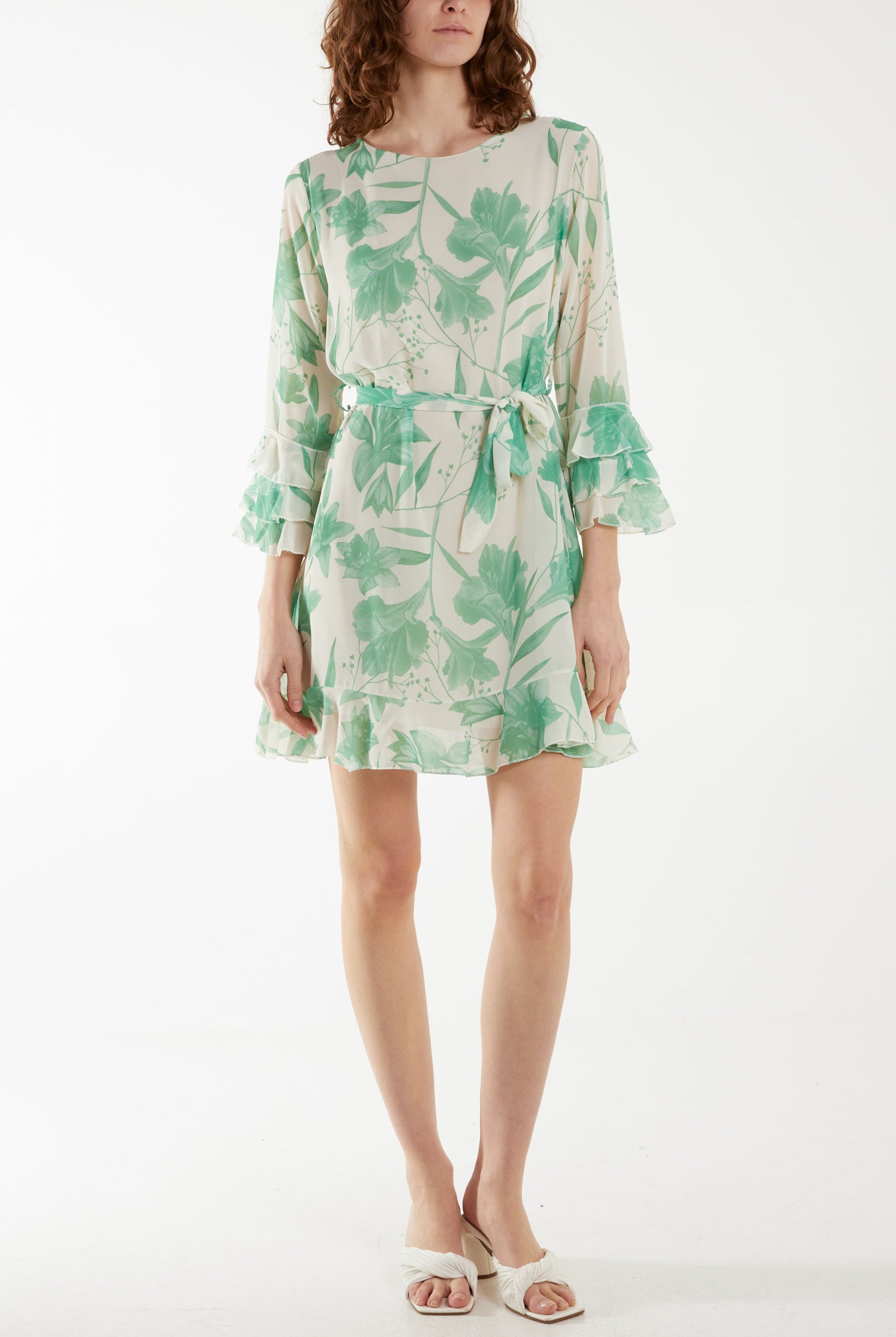 Lily Print Sleeve Detail Mini Dress Dresses WearAll Jade S-M-L