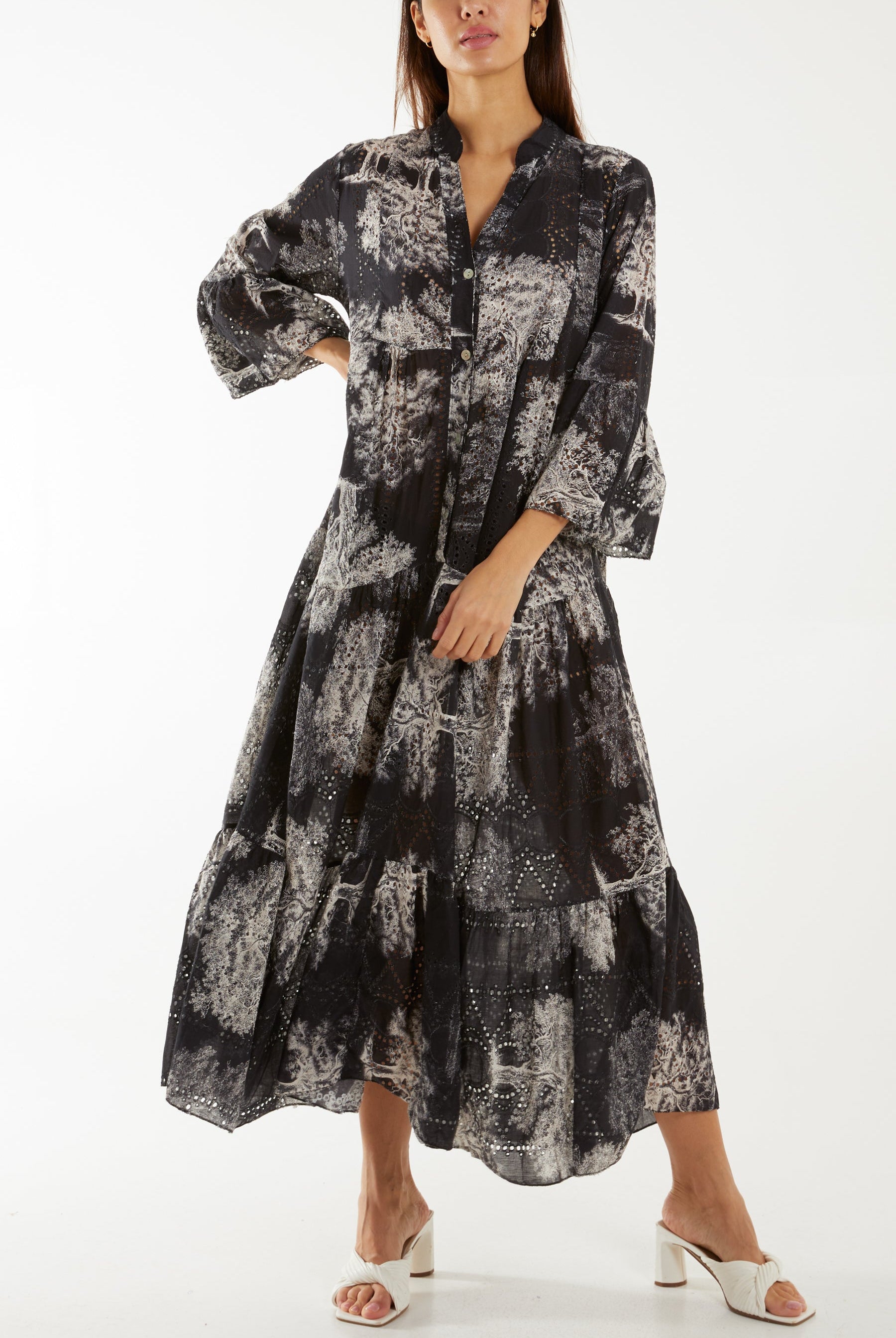 Broderie Anglaise Trees Tiered Maxi Dress Dresses WearAll Black One Size