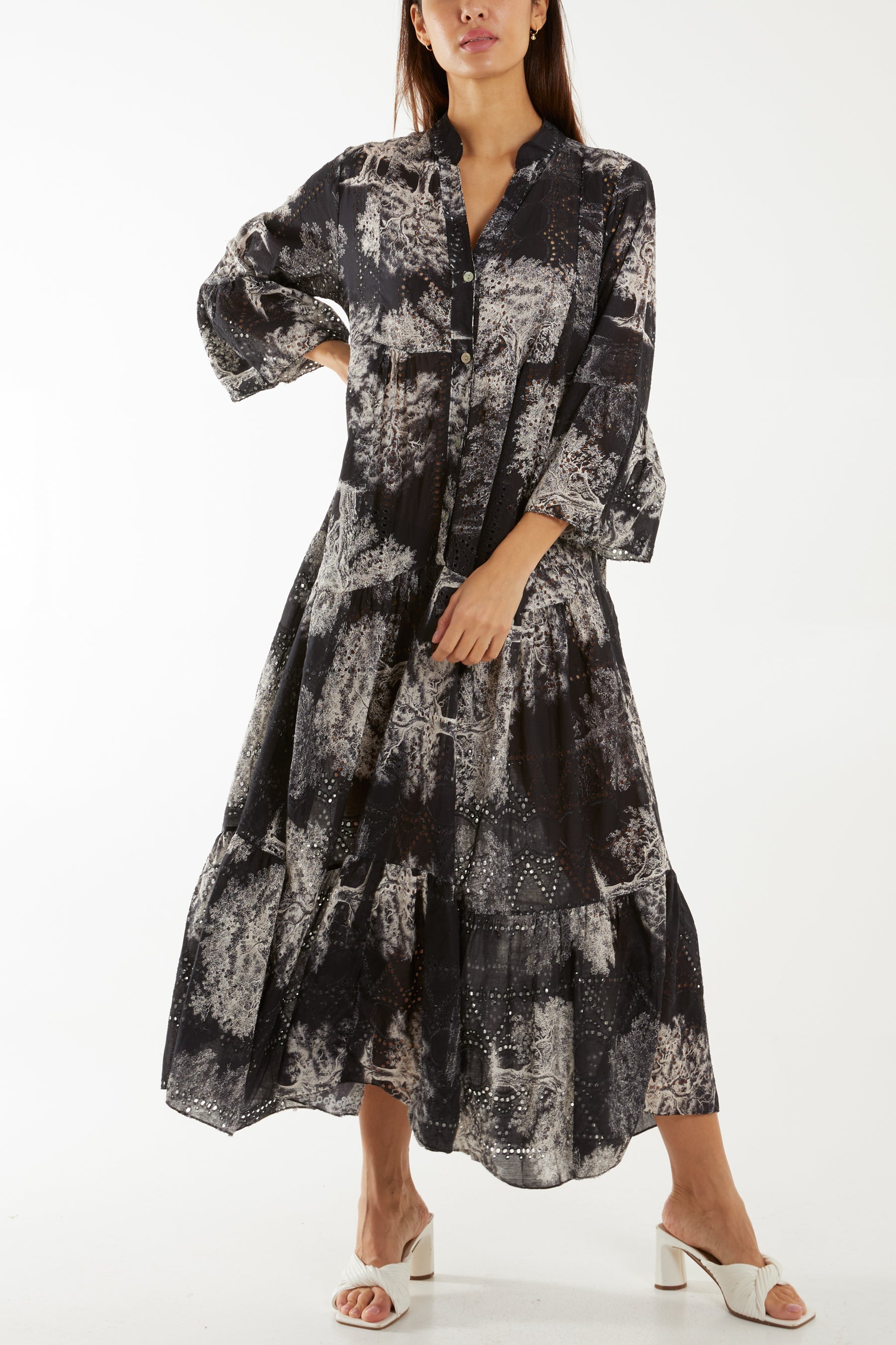 Broderie Anglaise Trees Tiered Maxi Dress Dresses WearAll Black One Size