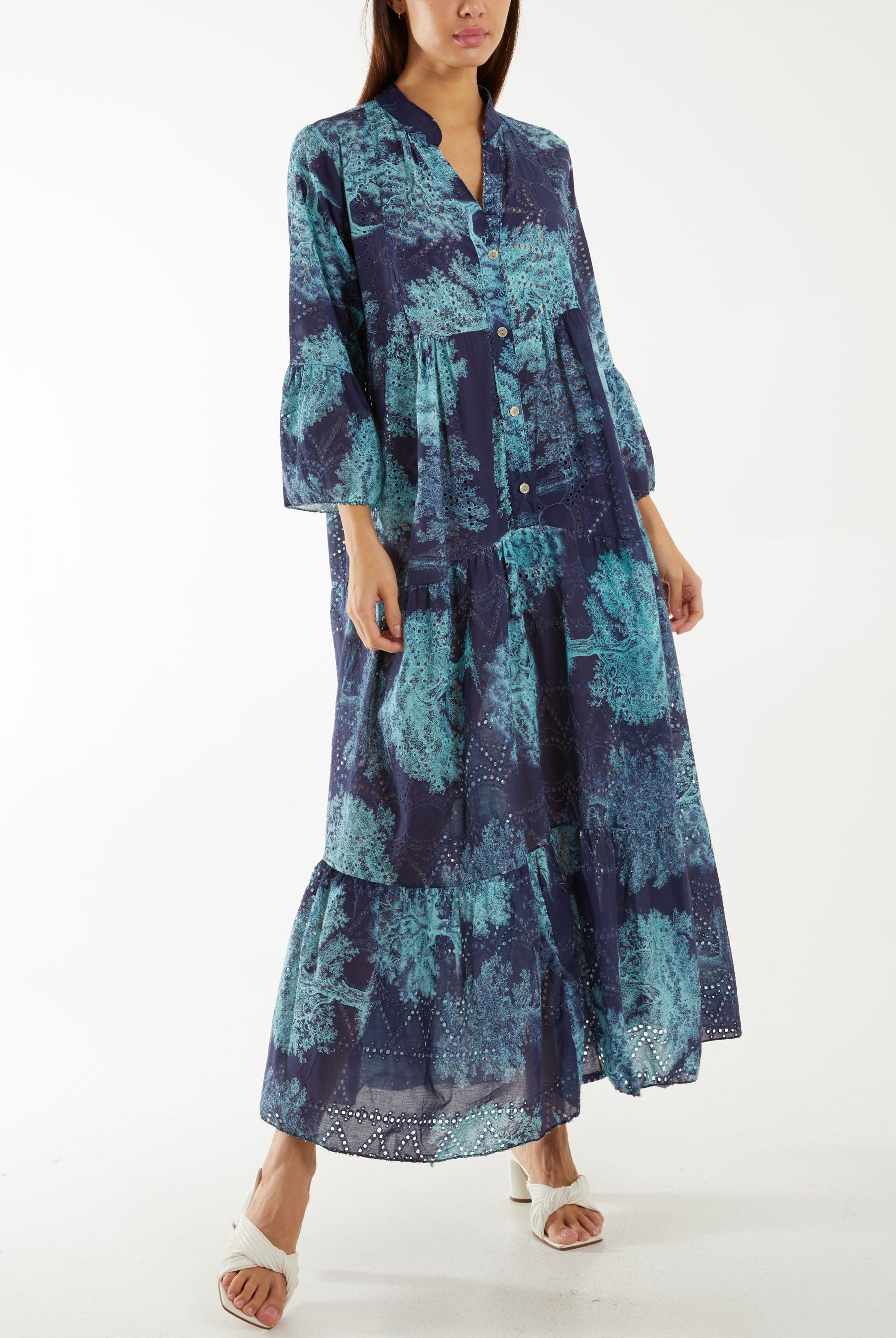 Broderie Anglaise Trees Tiered Maxi Dress Dresses WearAll Navy One Size