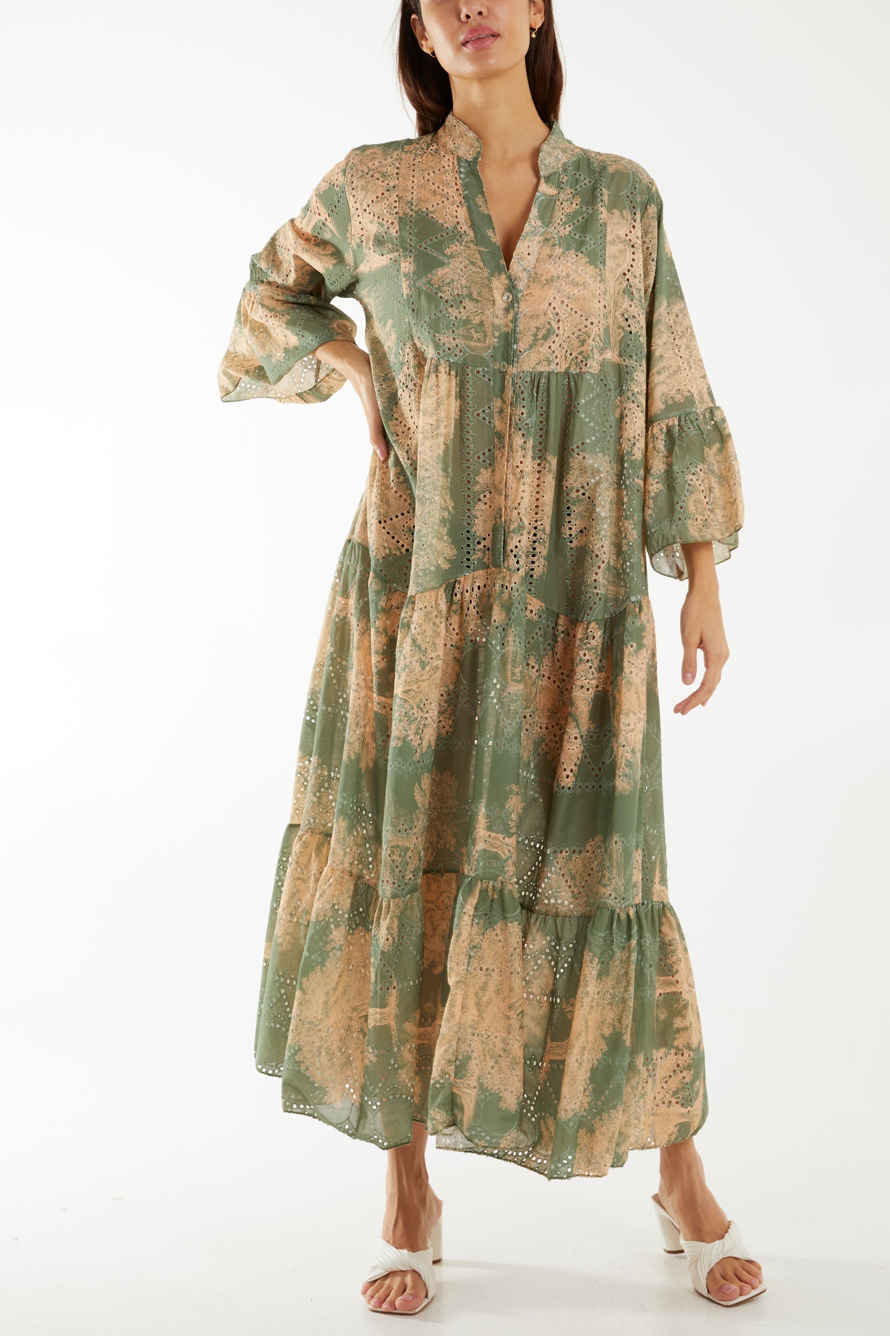 Broderie Anglaise Trees Tiered Maxi Dress Dresses WearAll Khaki One Size