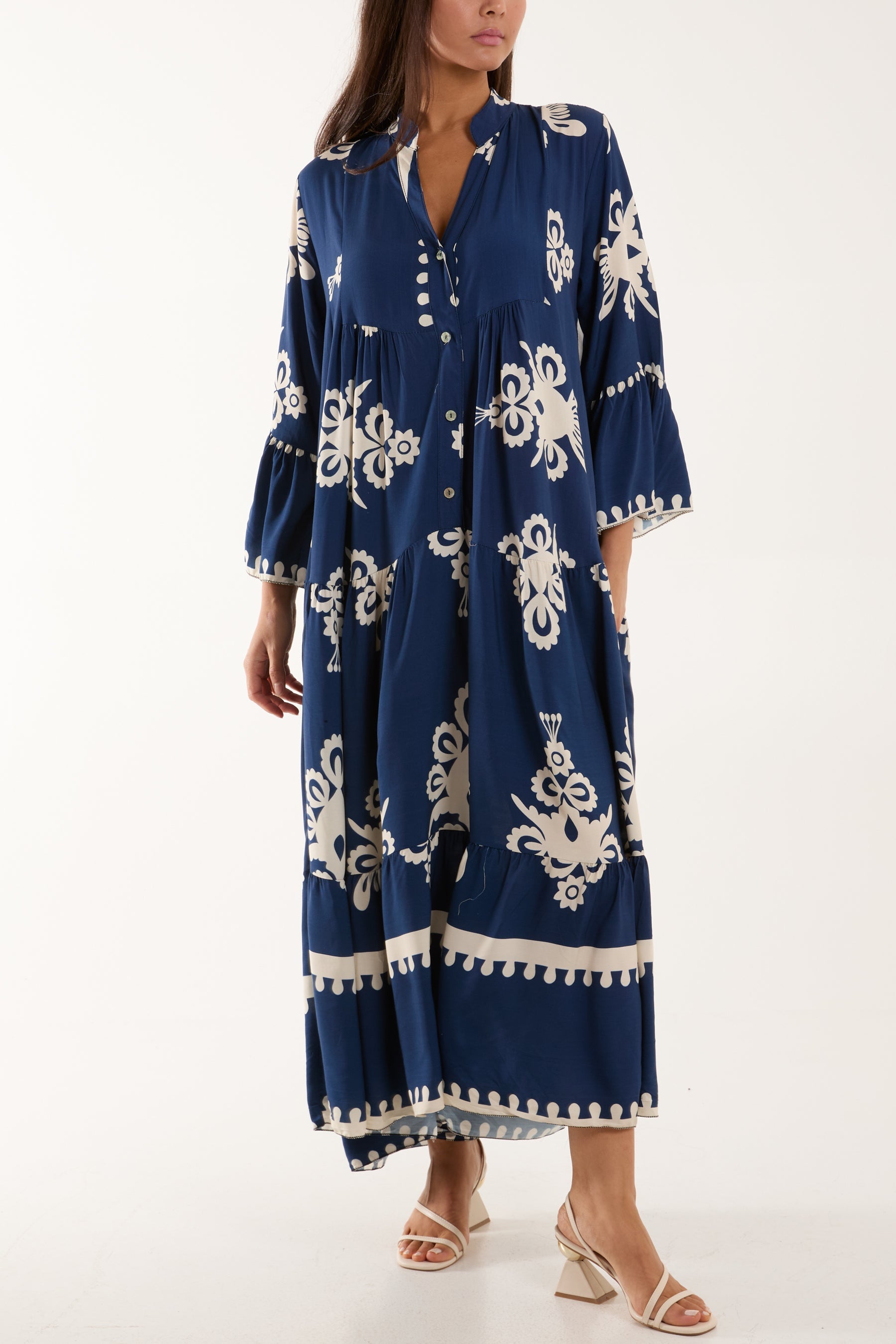 Printed Tiered Maxi Dress Dresses WearAll Navy One Size