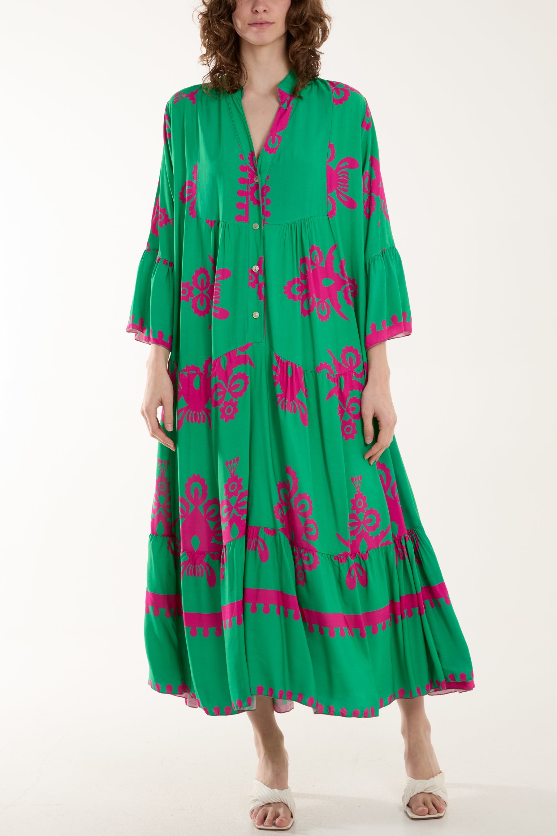 Printed Tiered Maxi Dress Dresses WearAll Jade One Size