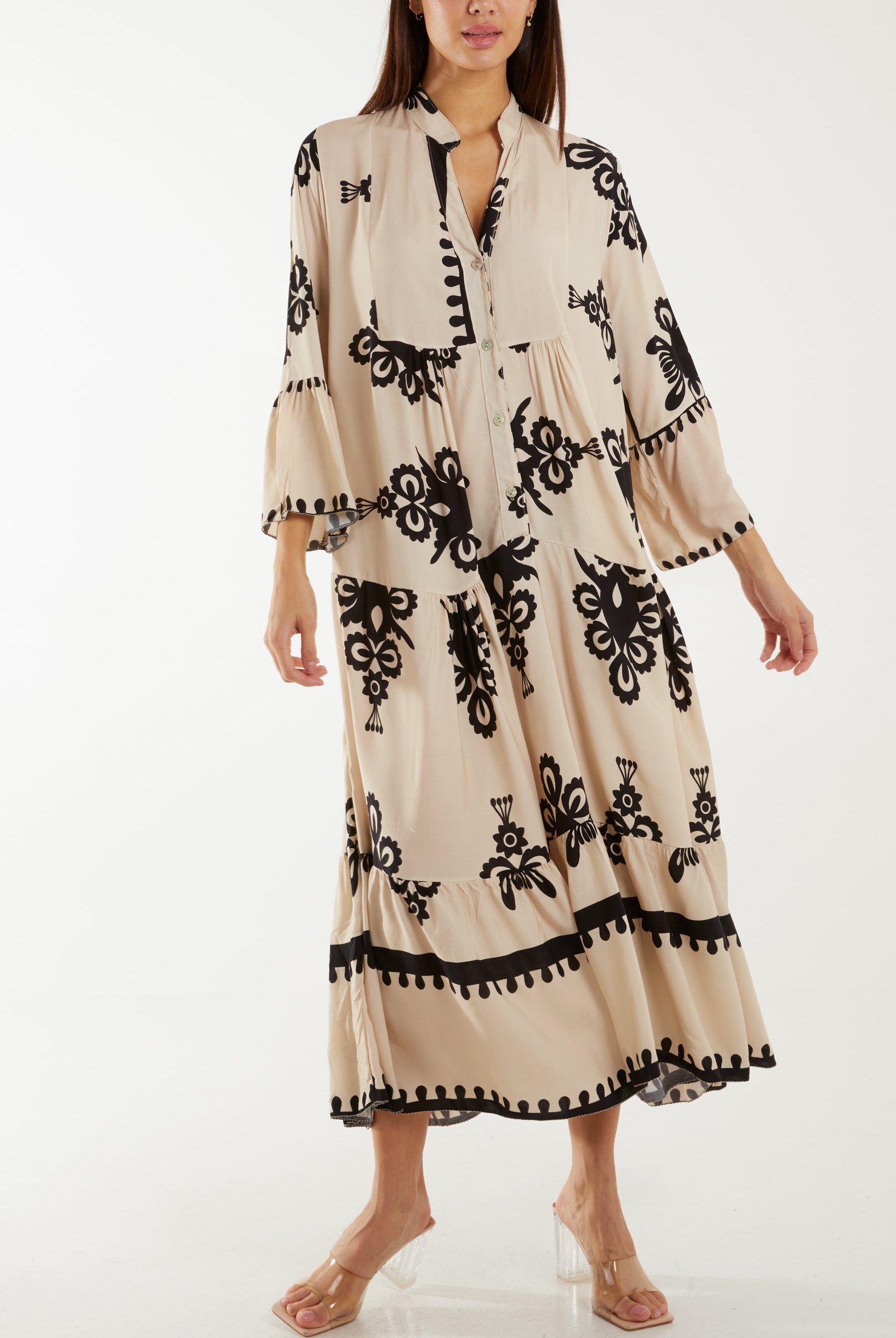 Printed Tiered Maxi Dress Dresses WearAll Stone One Size