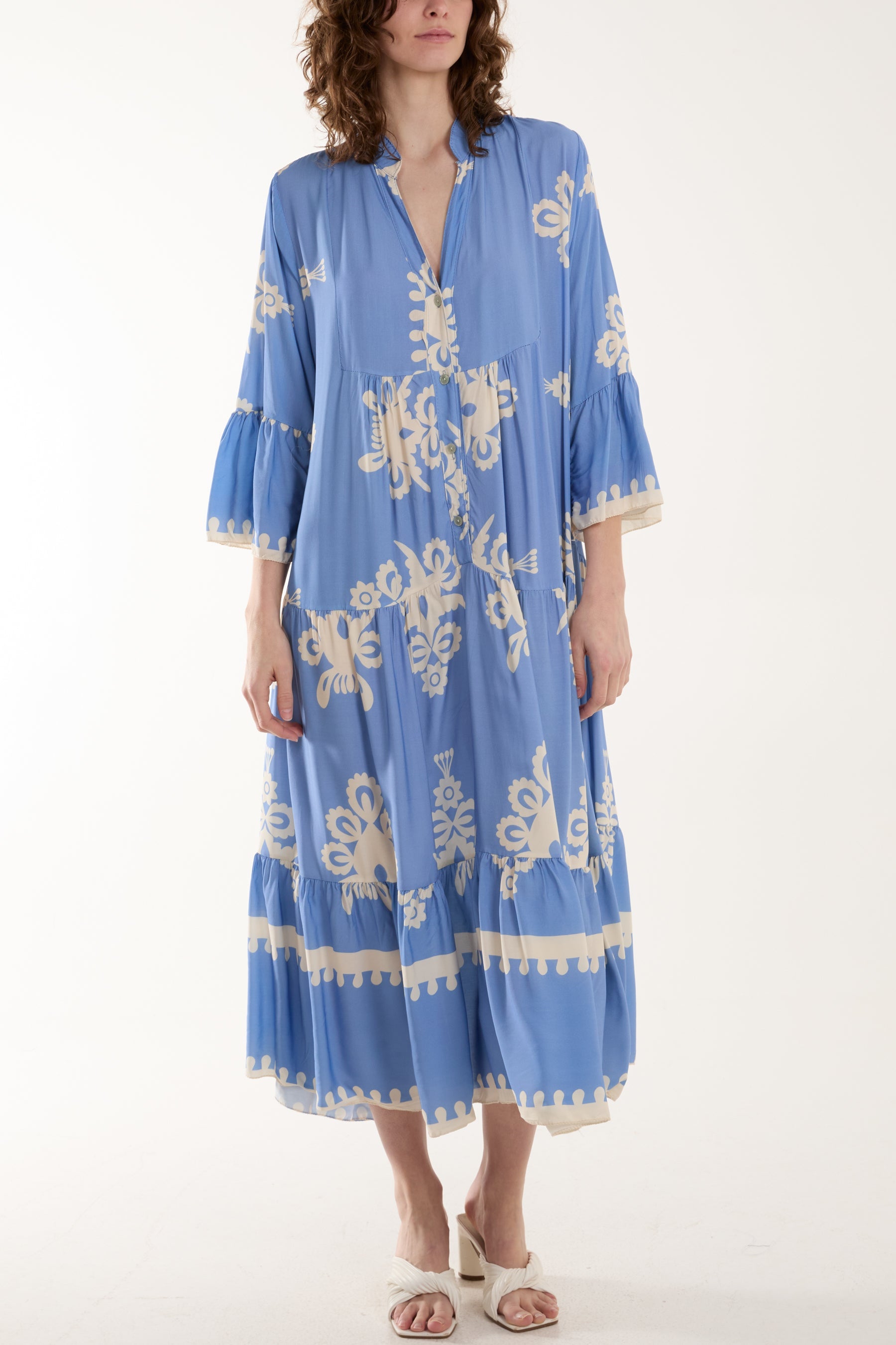 Printed Tiered Maxi Dress Dresses WearAll Light Blue One Size